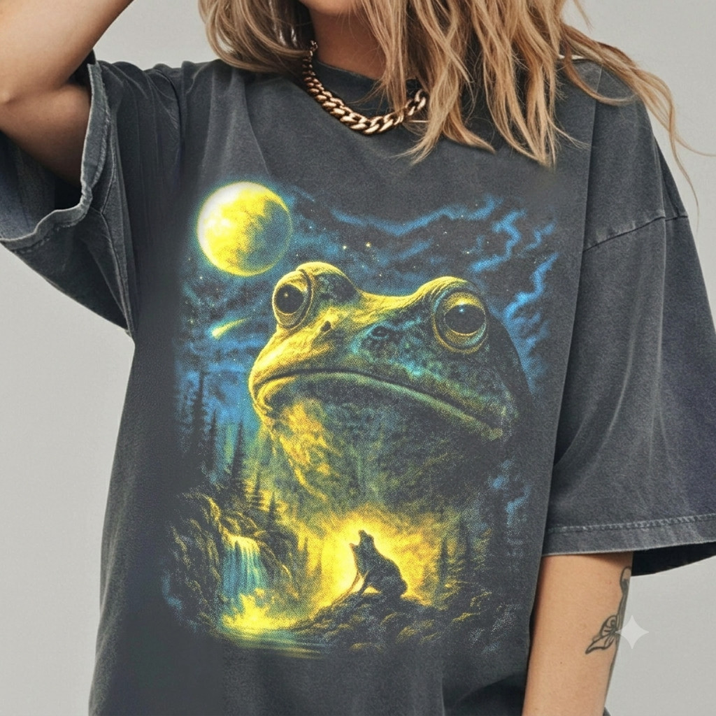 Frog Howling at the Moon T-Shirt Retro Full Moon Graphic Nature T-Shirt