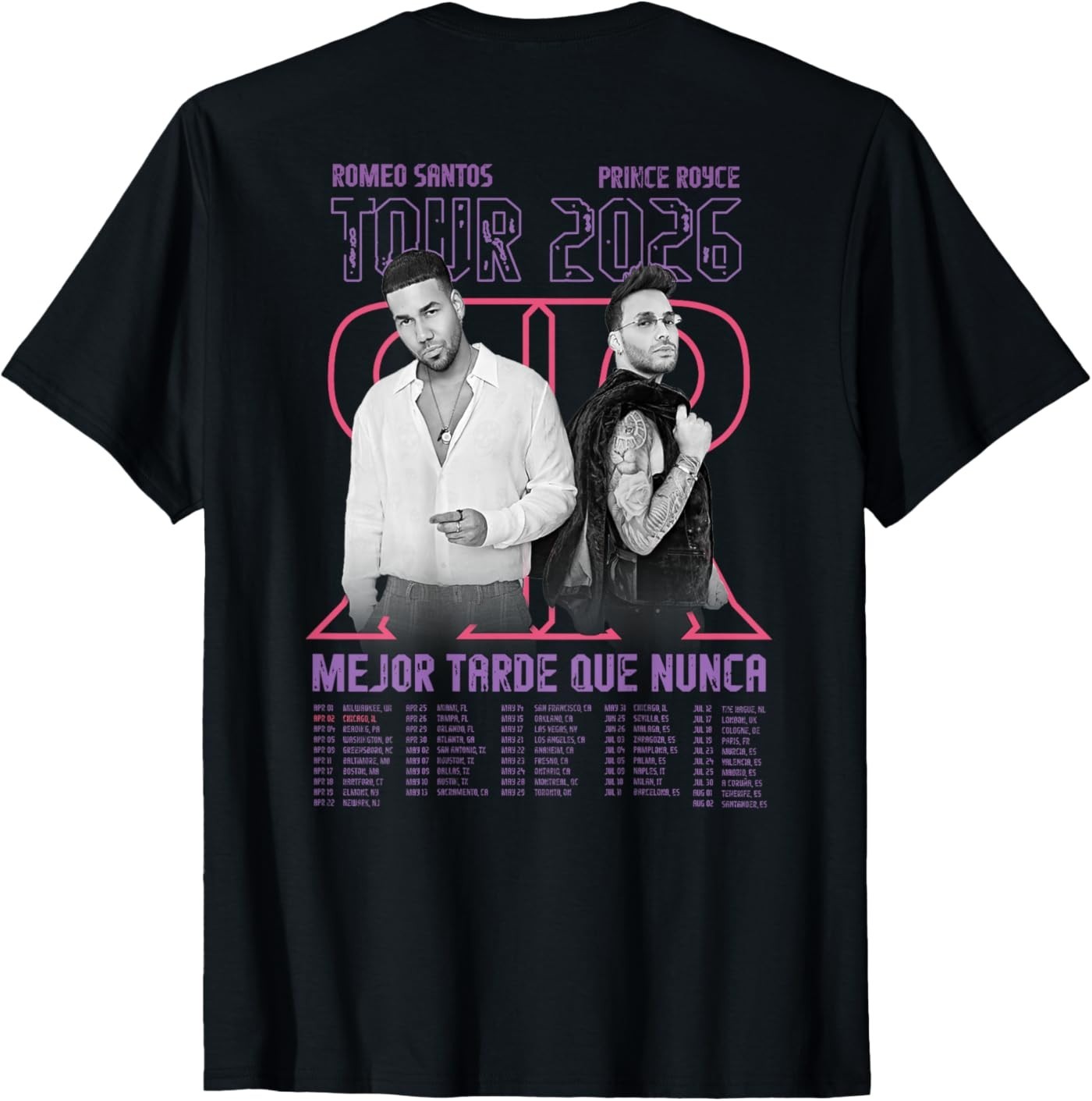 Romeo Santos & Prince Royce BLTN 2026 Tour Photo Chicago ( 2 Side ) T-Shirt