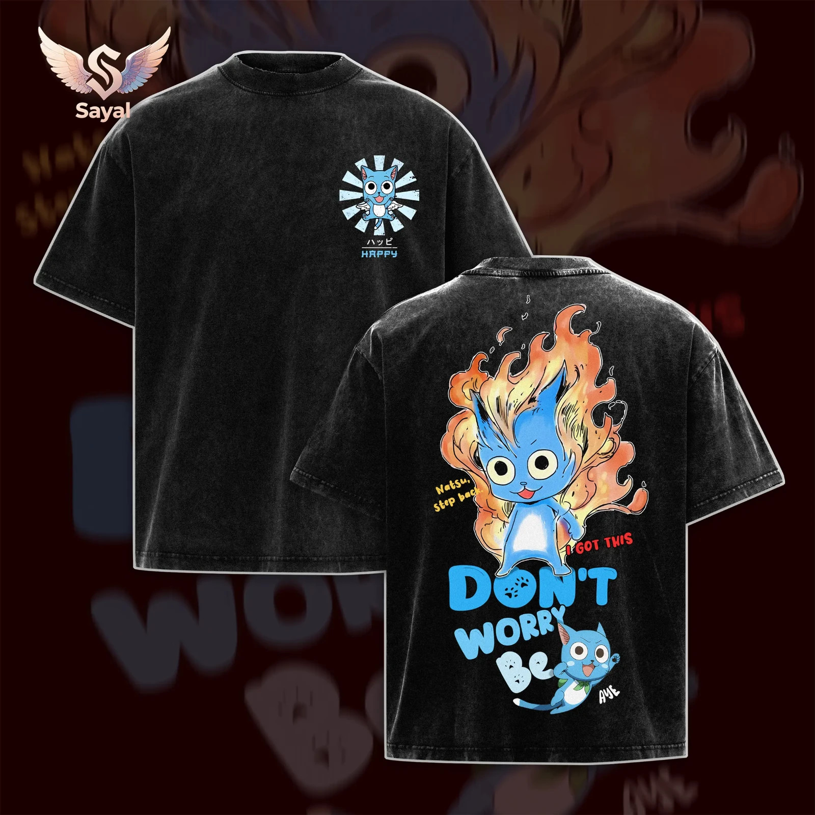 Fairy Tail Guild Happy Cat Tee Premium Acid Washed Soft Fabric Oversized Graphic