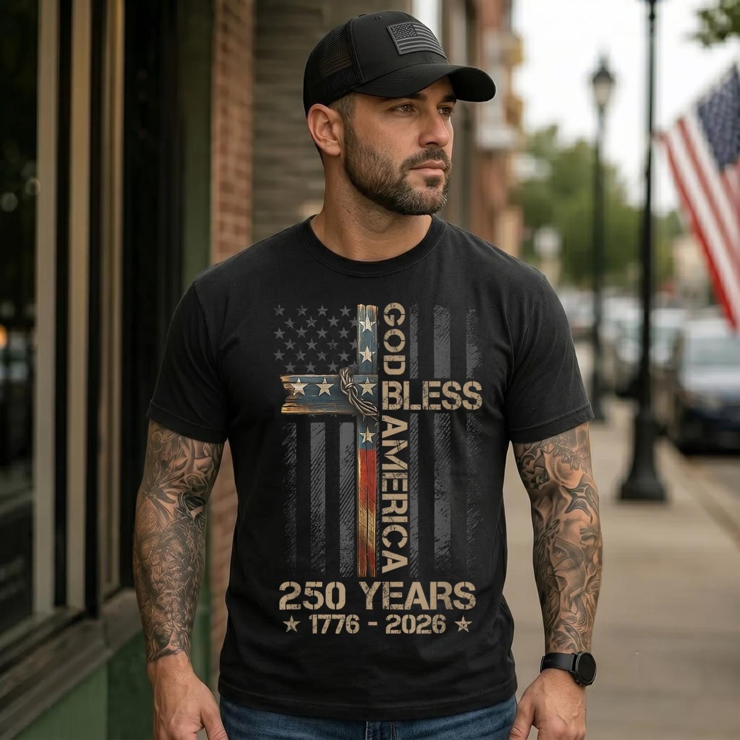 Patriotic Cross T-Shirt 250 Years 1776-2026 USA Flag Christian Tee