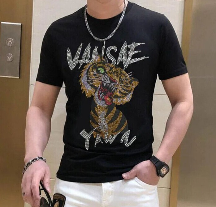 New Men Luxury Diamond Tiger Rhinestones Fashion Black White T-Shirt