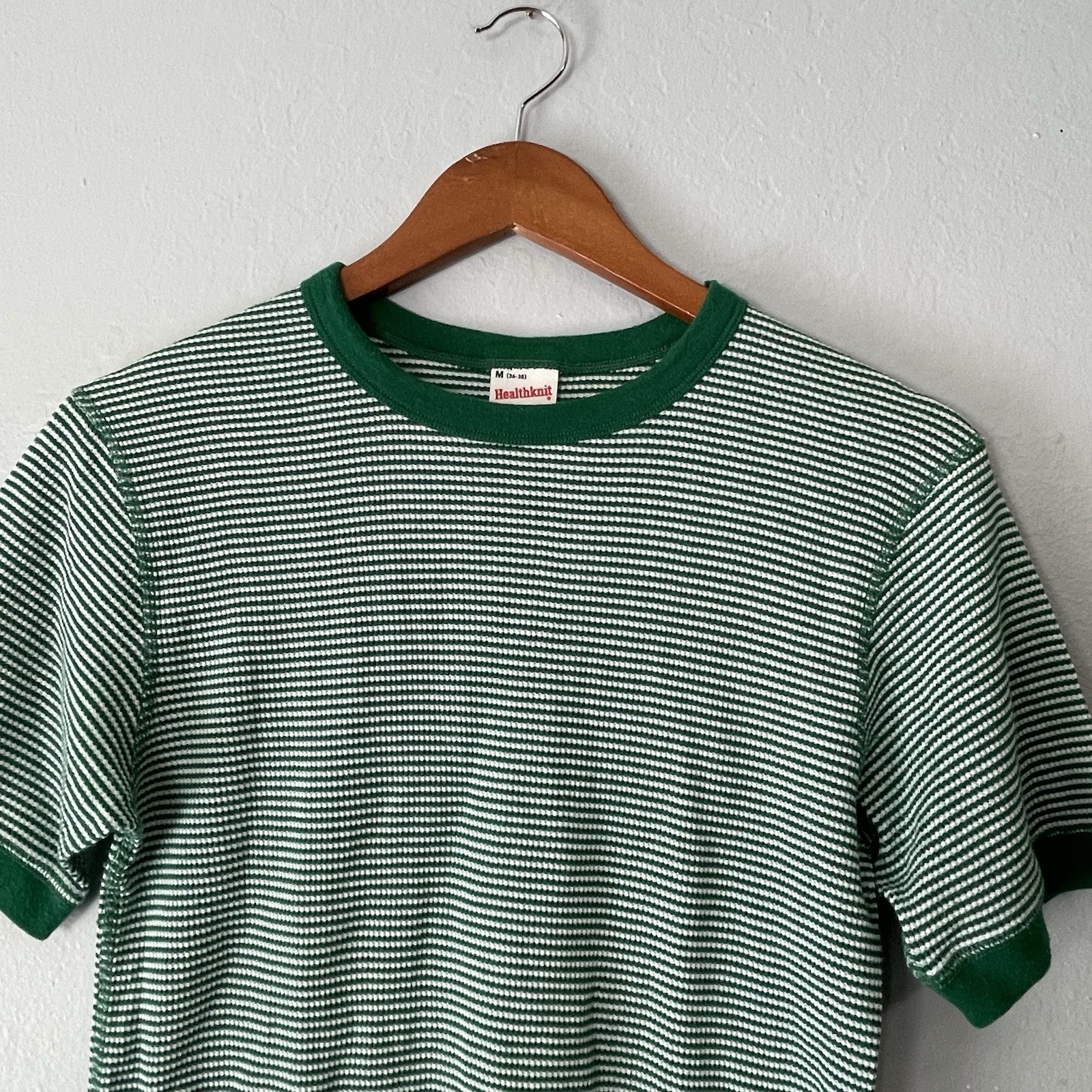 Healthknit Short Sleeve Thermal Waffle Knit Tee Shirt Medium Green White