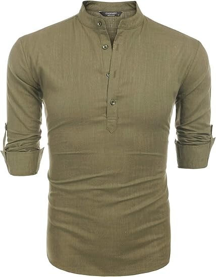 COOFANDY Men&rsquo;s Cotton Linen Henley T-Shirt Long Sleeve Hippie Casual Beach green