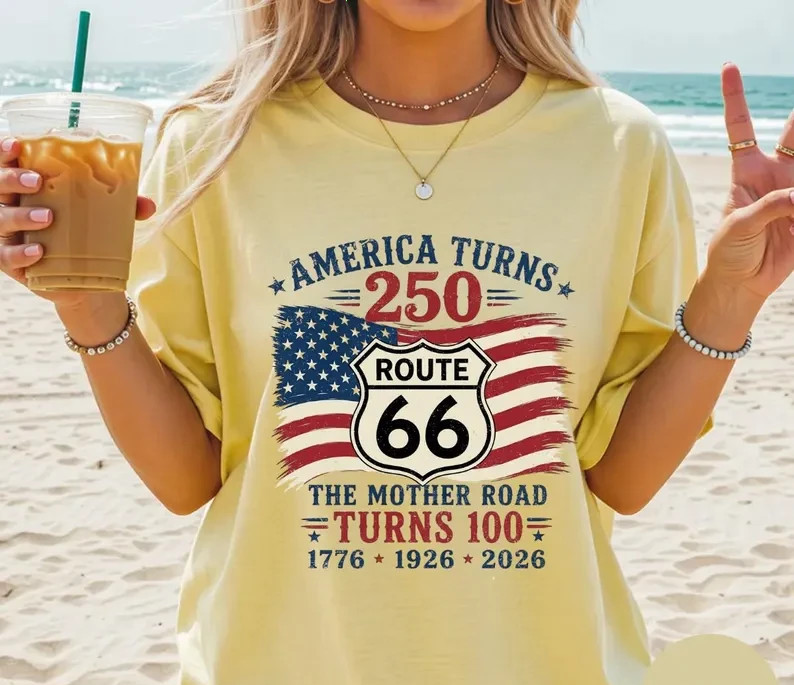 Route 66 100 Years & America 250 T-Shirt, USA 250th Anniversary Gift