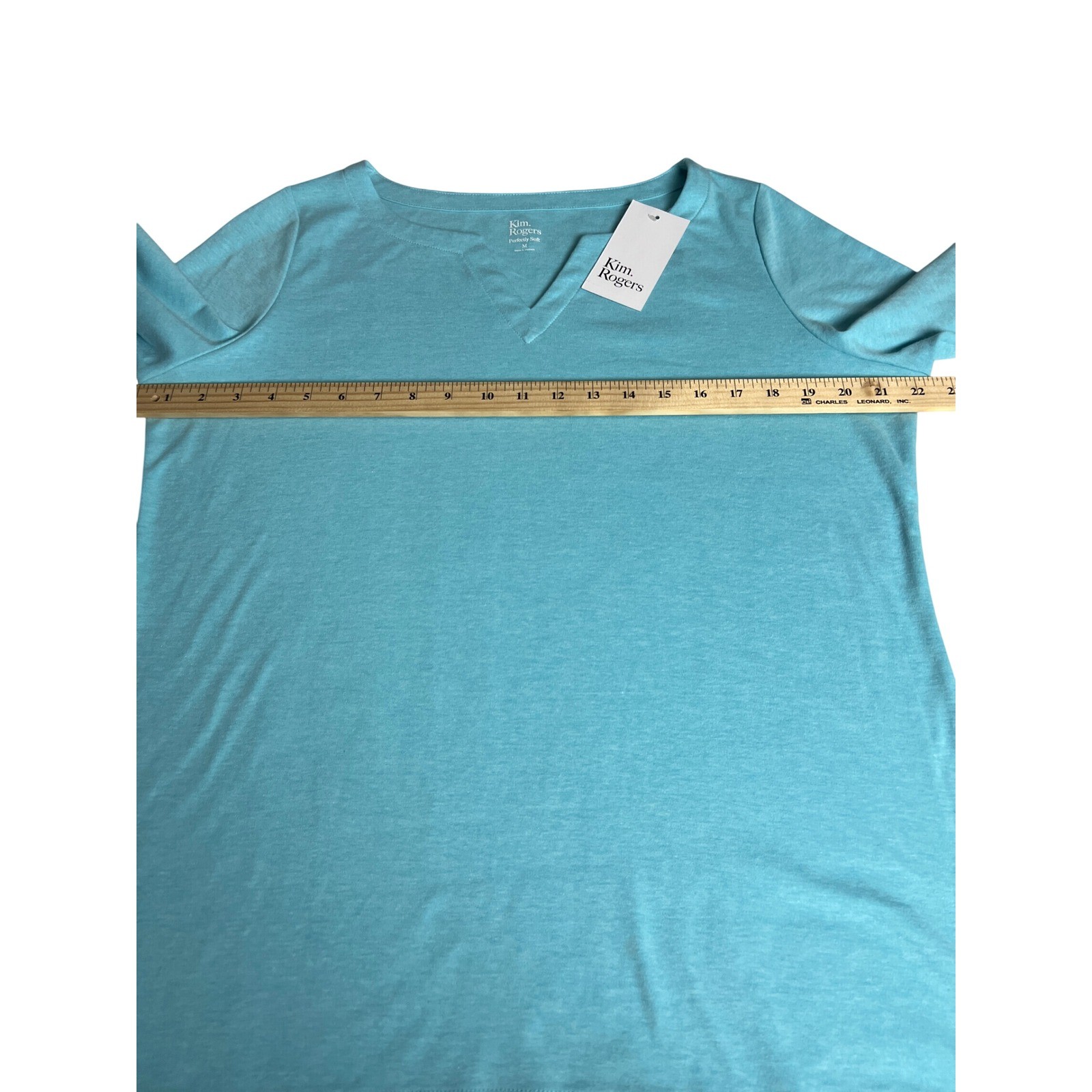 Kim Rogers Split Neck Top Men Medium Turbo Turq 3/4 Sleeve Soft Knit Casual F03