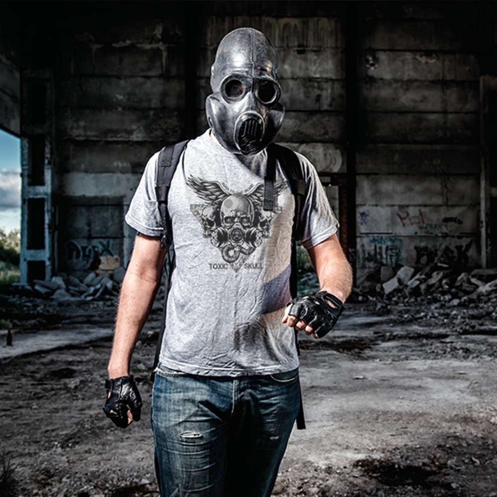 New Mens Ash Gray Classic T-Shirt « Skull N&rsquo;Mask » S, M, L, XL, 2XL, 3XL, 4XL, 5XL
