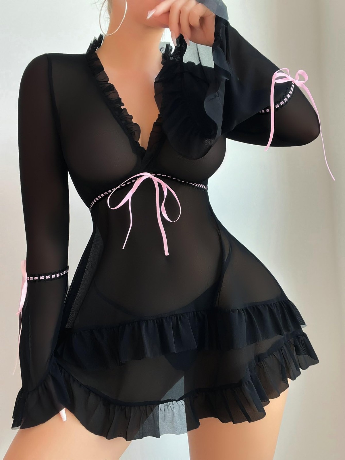 Women&rsquo;s 2 Piece Babydoll Bow Lingerie Set Sheer Mesh Ruffle Long Sleeve Dress…