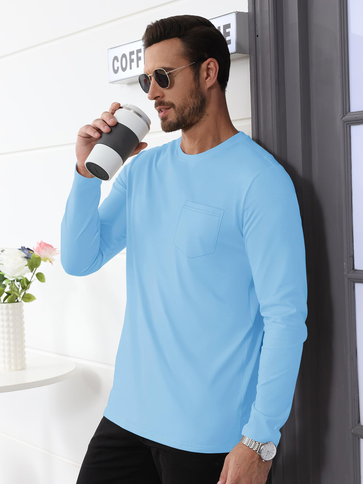 Men&rsquo;s Cotton Casual Shirt Long Sleeve Chest Pocket Shirt Hiking Work Travel Tops