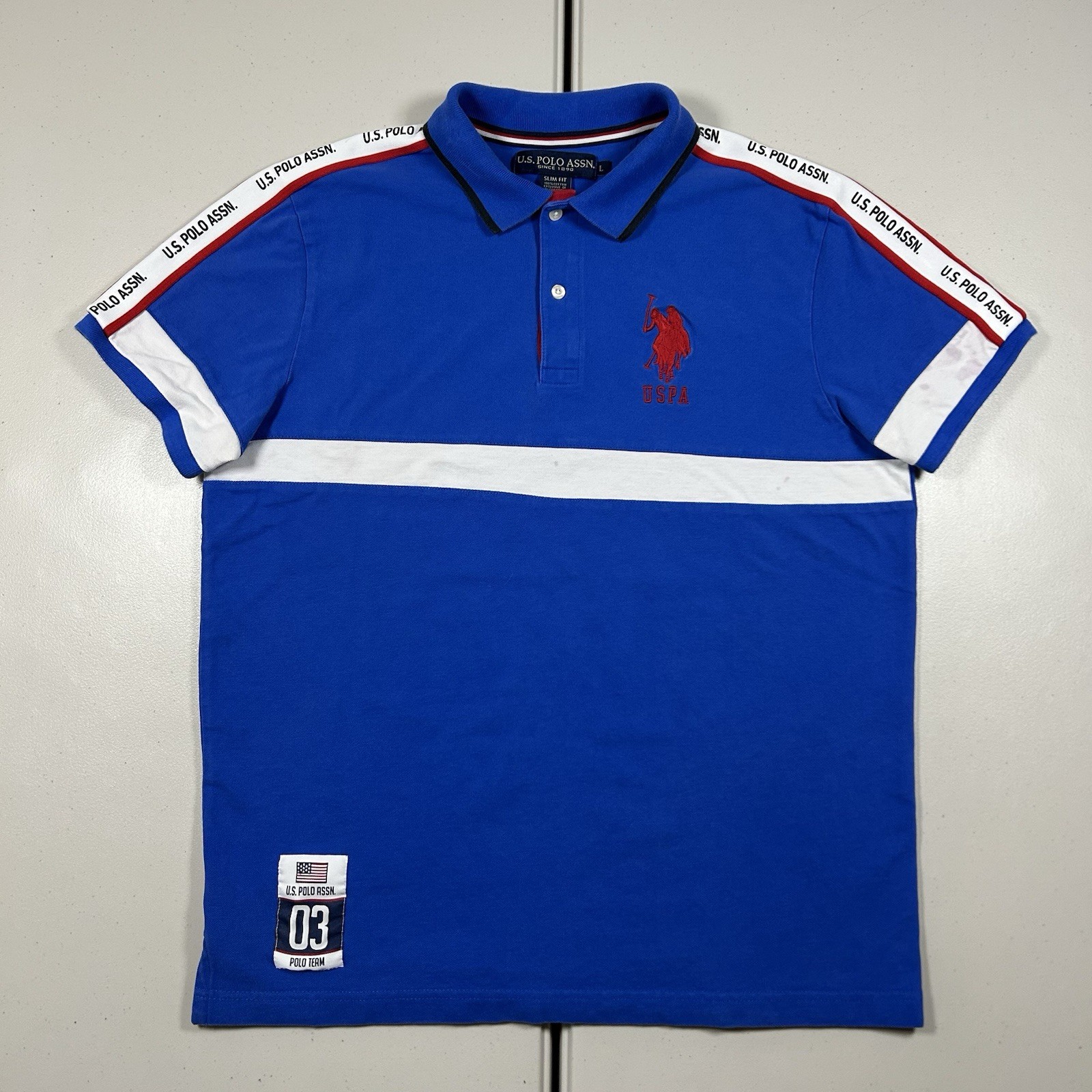 y2k US Polo Assn. USPA Blue Polo Shirt Men&rsquo;s Size L Preppy Streetwear Big Pony