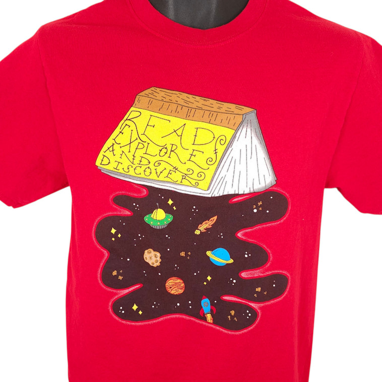 Reading T Shirt Mens Size Small Red Read Explore Discover Space Exploration