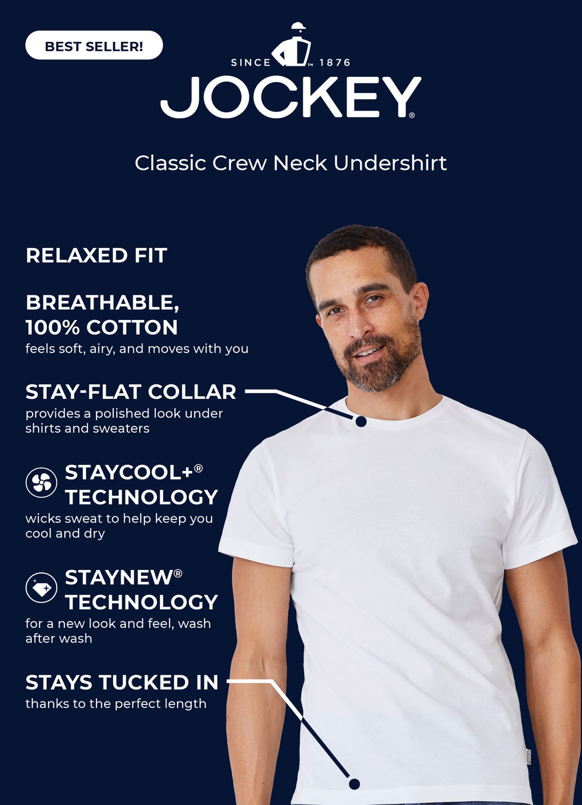 Jockey Men&rsquo;s 100% Cotton Classic Crew Neck Undershirt – 12 Pack