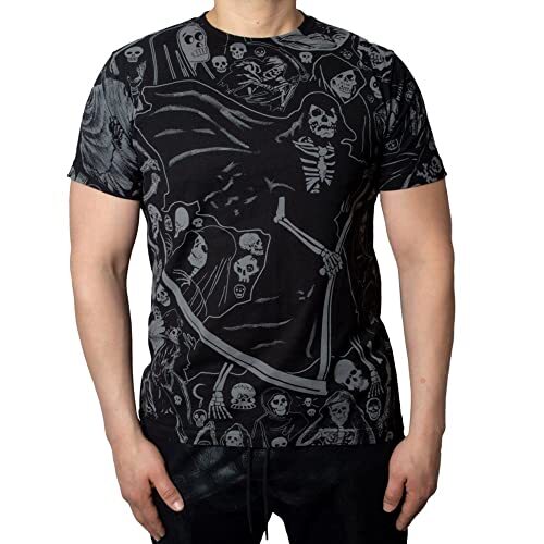 Grim Reaper Gothic Men’s T-Shirt Grey Jumbo Print Skeleton Death Kreepsvile Tee