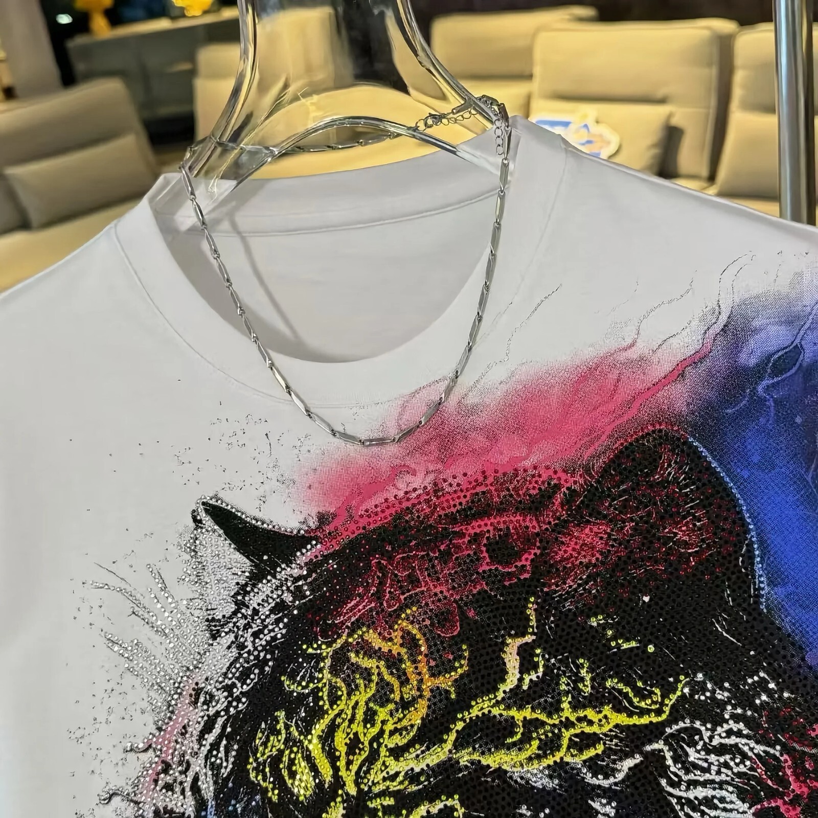 New Men Luxury Diamond Tiger Rhinestones Fashion T-Shirt High Quality 3 Colors