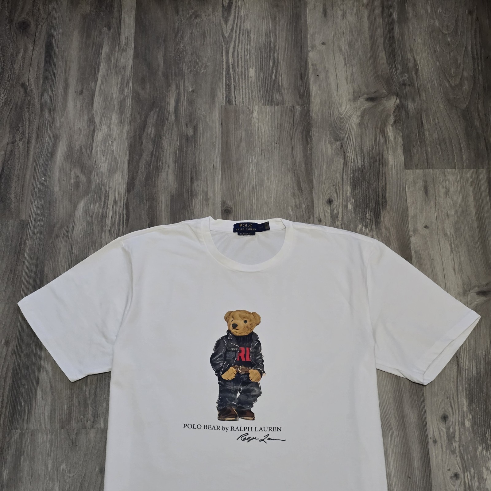 Polo Ralph Lauren Classic Fit Polo Bear Denim Crewneck Jersey T-Shirt White