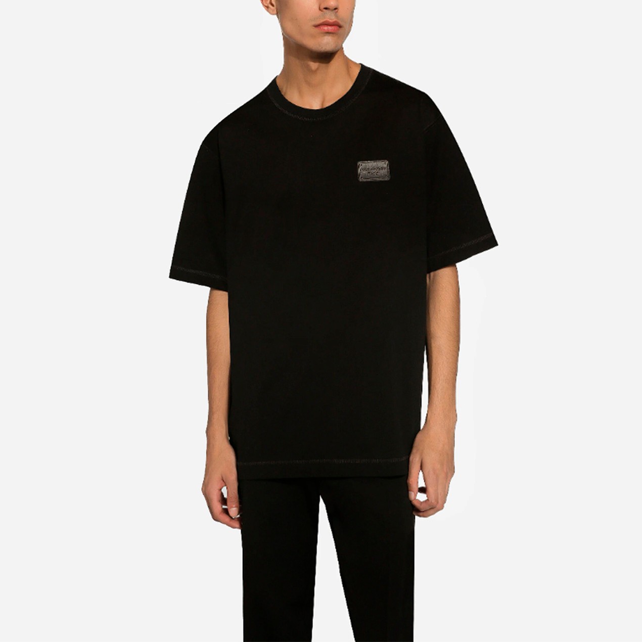 DOLCE & GABBANA Men&rsquo;s Branded Tag Logo Plaque Cotton Oversized T-Shirt – Black