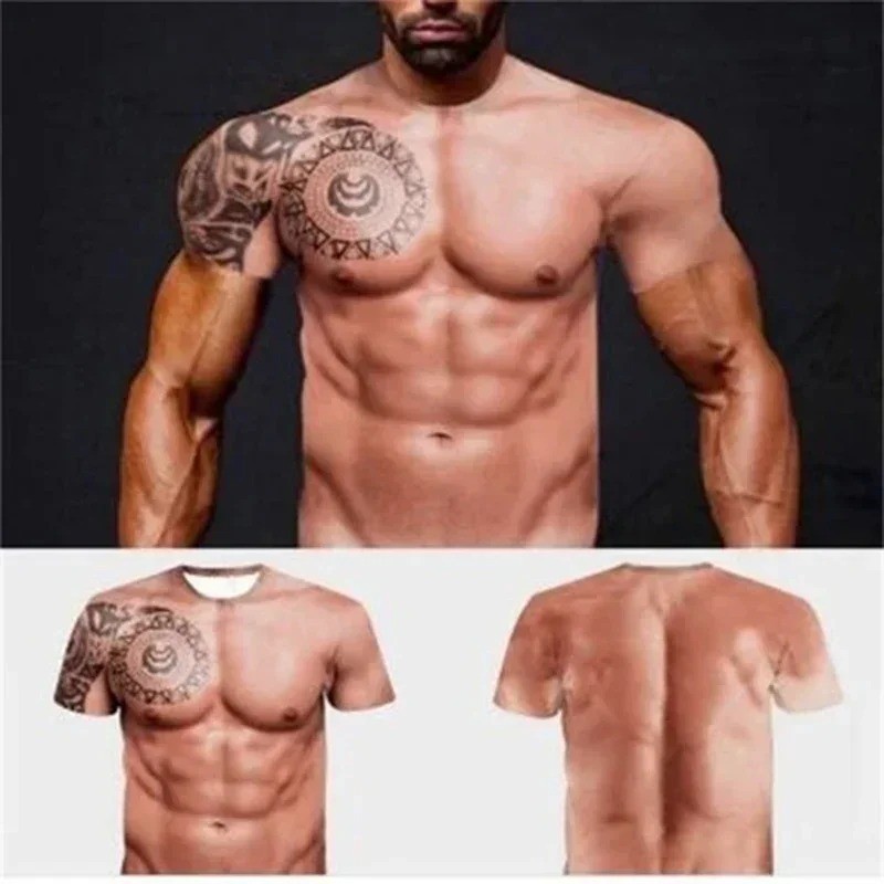 Muscle 3D T-shirt Muscle Tattoo Print T-shirt For Summer Beach Holiday Men Short