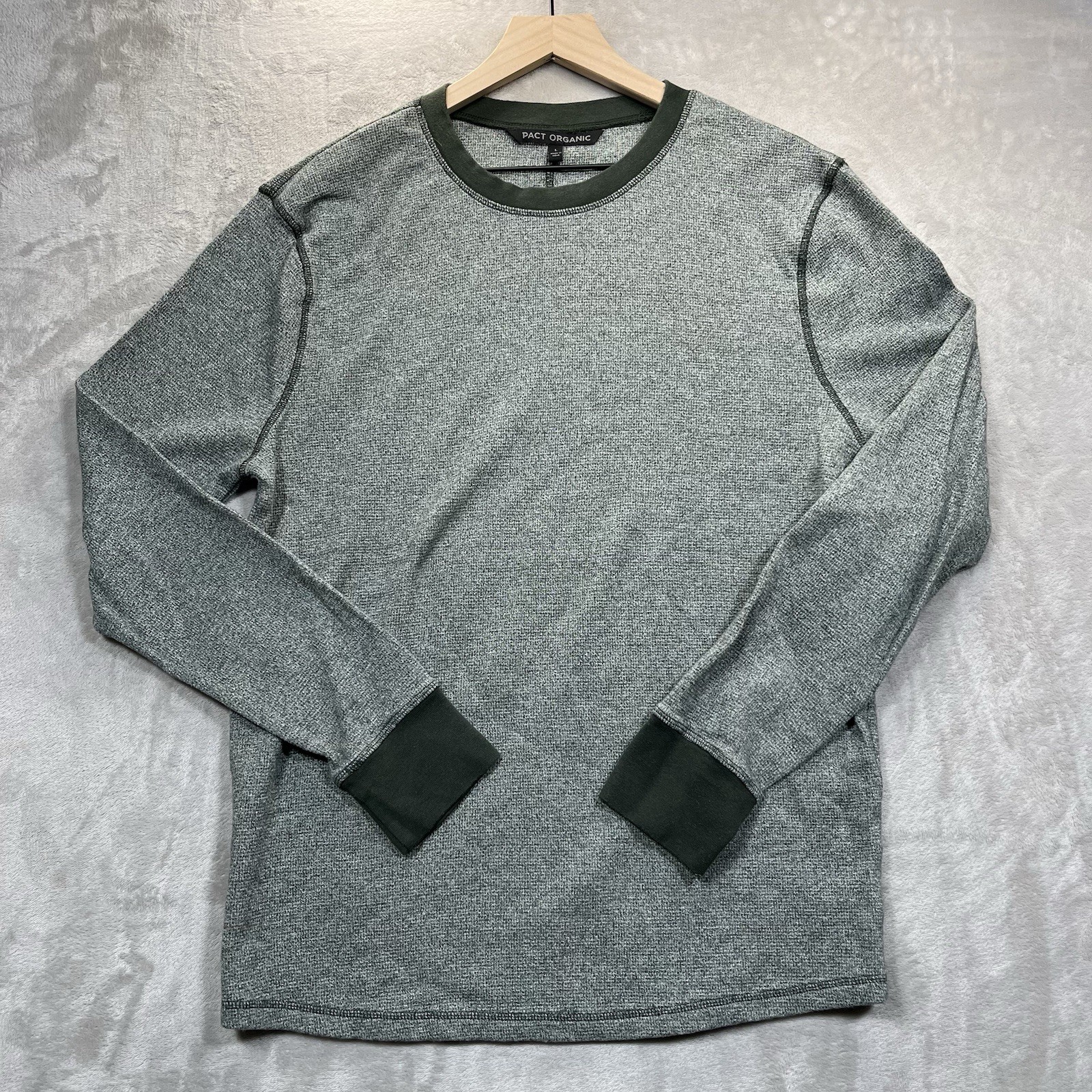 Pact Organic Thermal Waffle Knit Henley Men L Green Long Sleeve Shirt Crew Neck