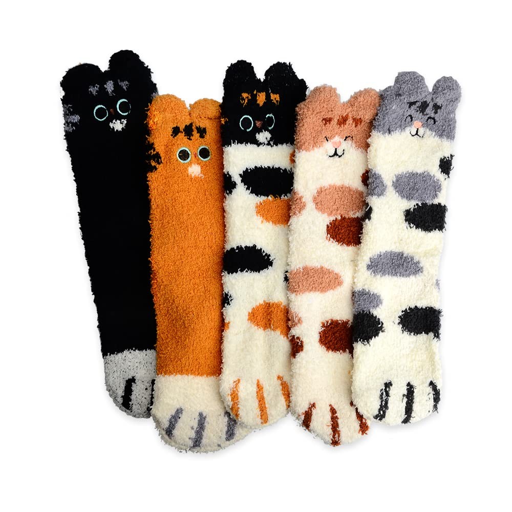5 Pairs Cat Paw Socks Girls Women Cozy Fuzzy Feet With Heart Cute Animal