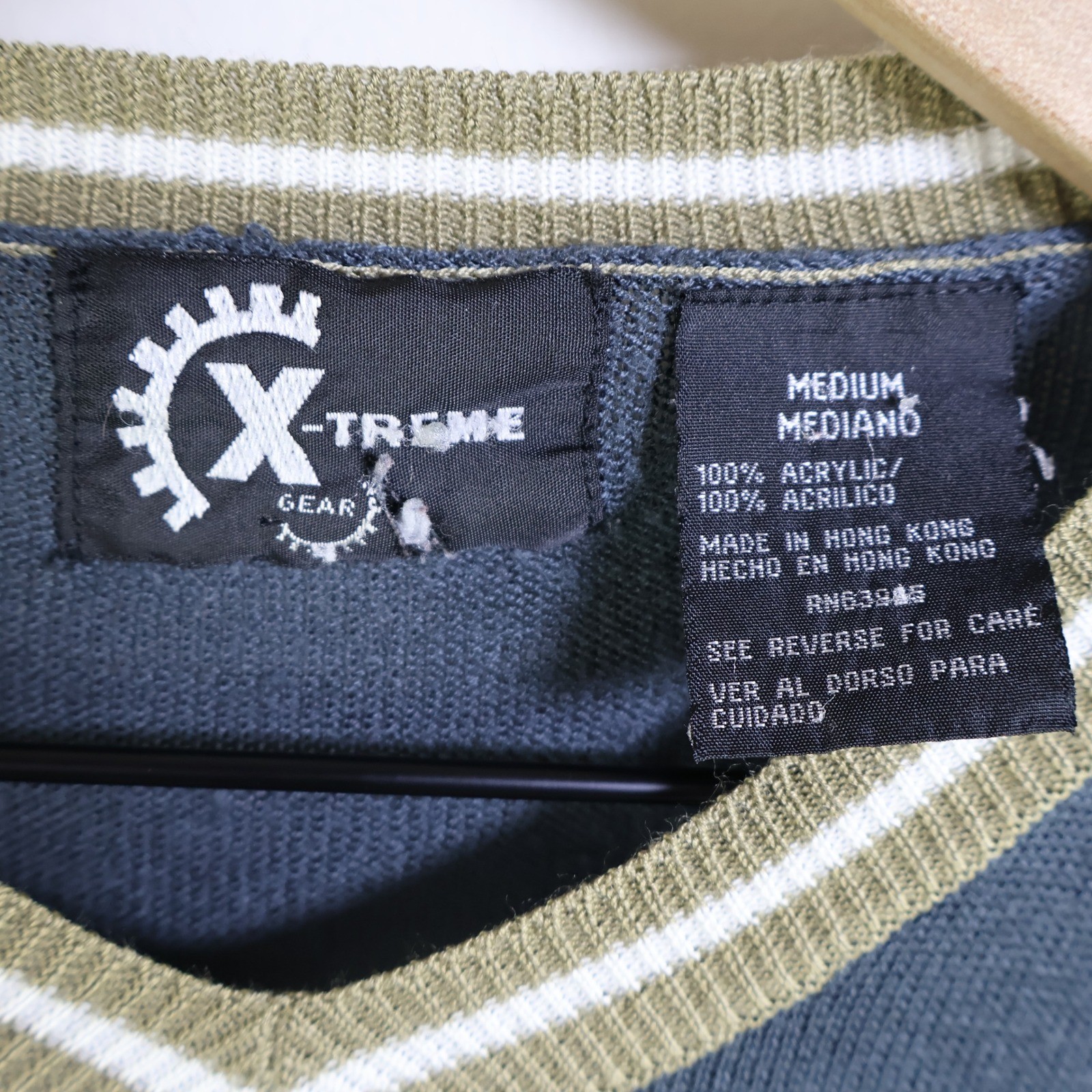 Vintage X-Treme Gear V-Neck Acrylic Shirt Size Medium Retro Striped Navy Blue