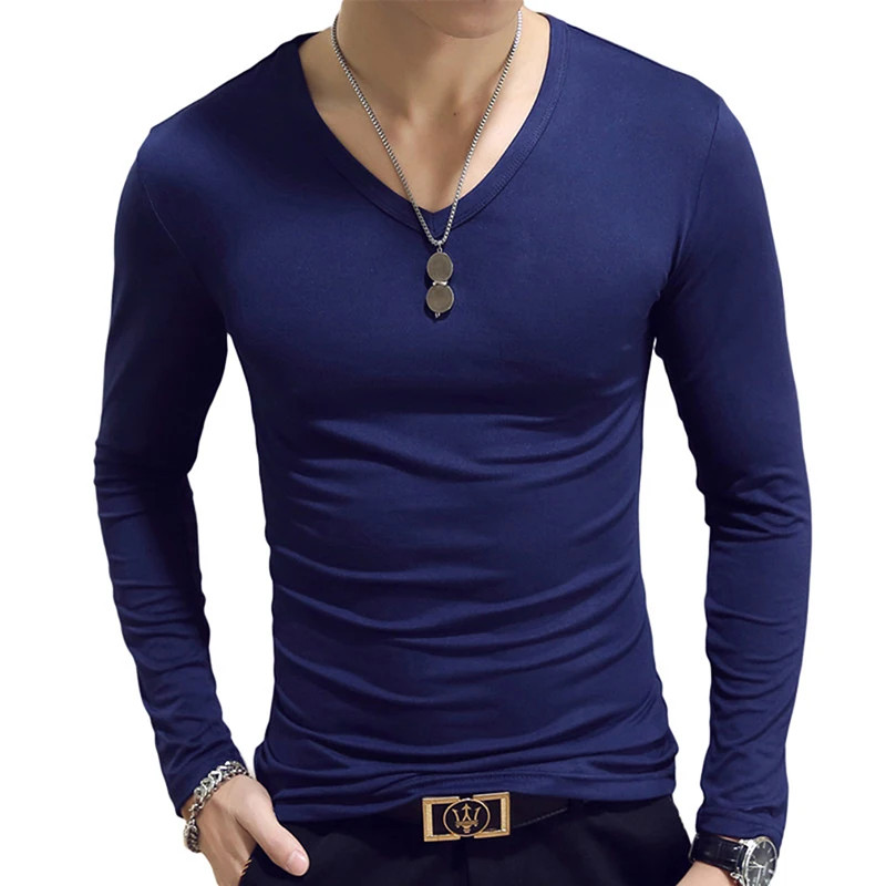 Men T Shirt Long Sleeve Slim Fit Solid Color Round Neck V Neck Cotton Top