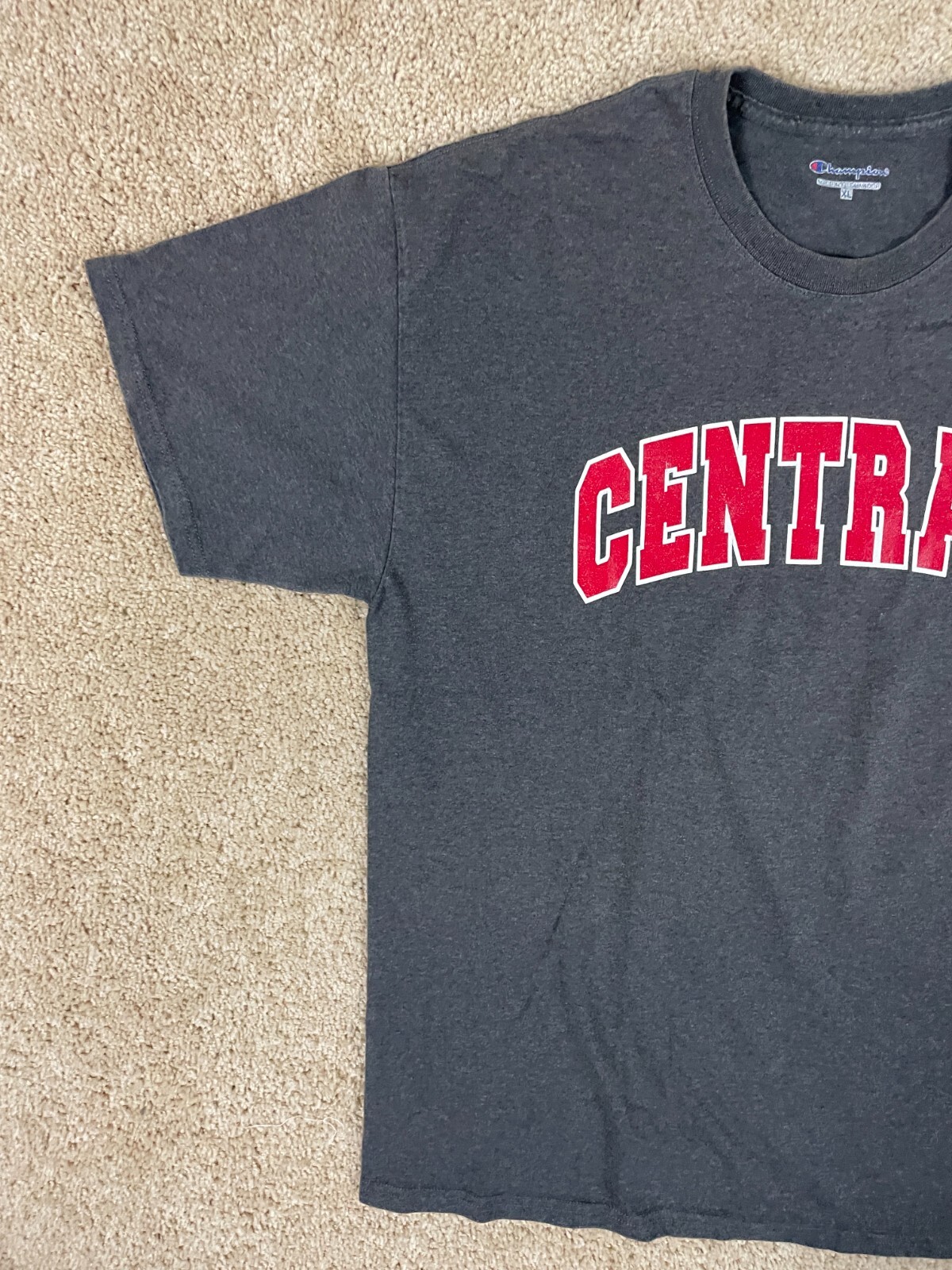Champion Casual Basic T-Shirt Mens XL Crew Neck Central Spell Out Graphic Gray