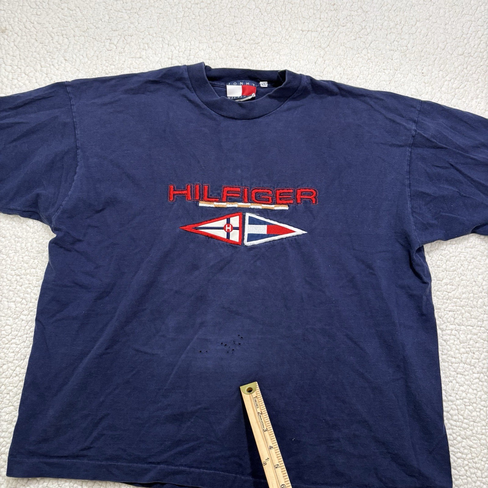 Vtg 80s Tommy Hilfiger Embroidered Flag Blue Red T-Shirt Size XL Nautical Boxy