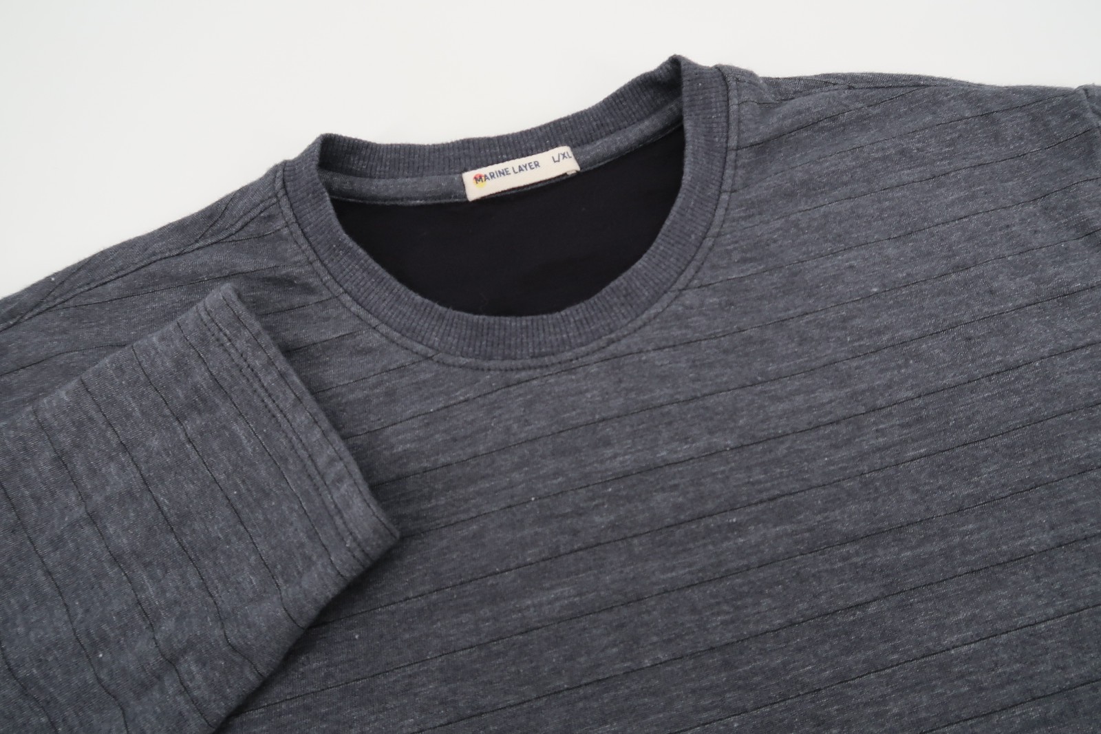Marine Layer DK LS Crew Tee Shirt Charcoal Heather Black Striped Men&rsquo;s Large XL