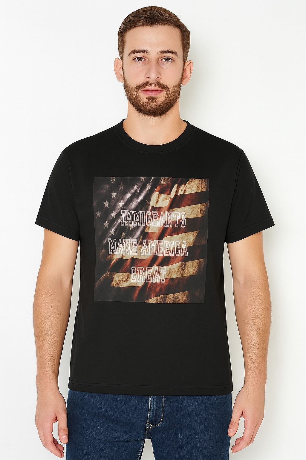 Black IMAG Printed, L lightweight jersey fabric comprising 100% cotton.