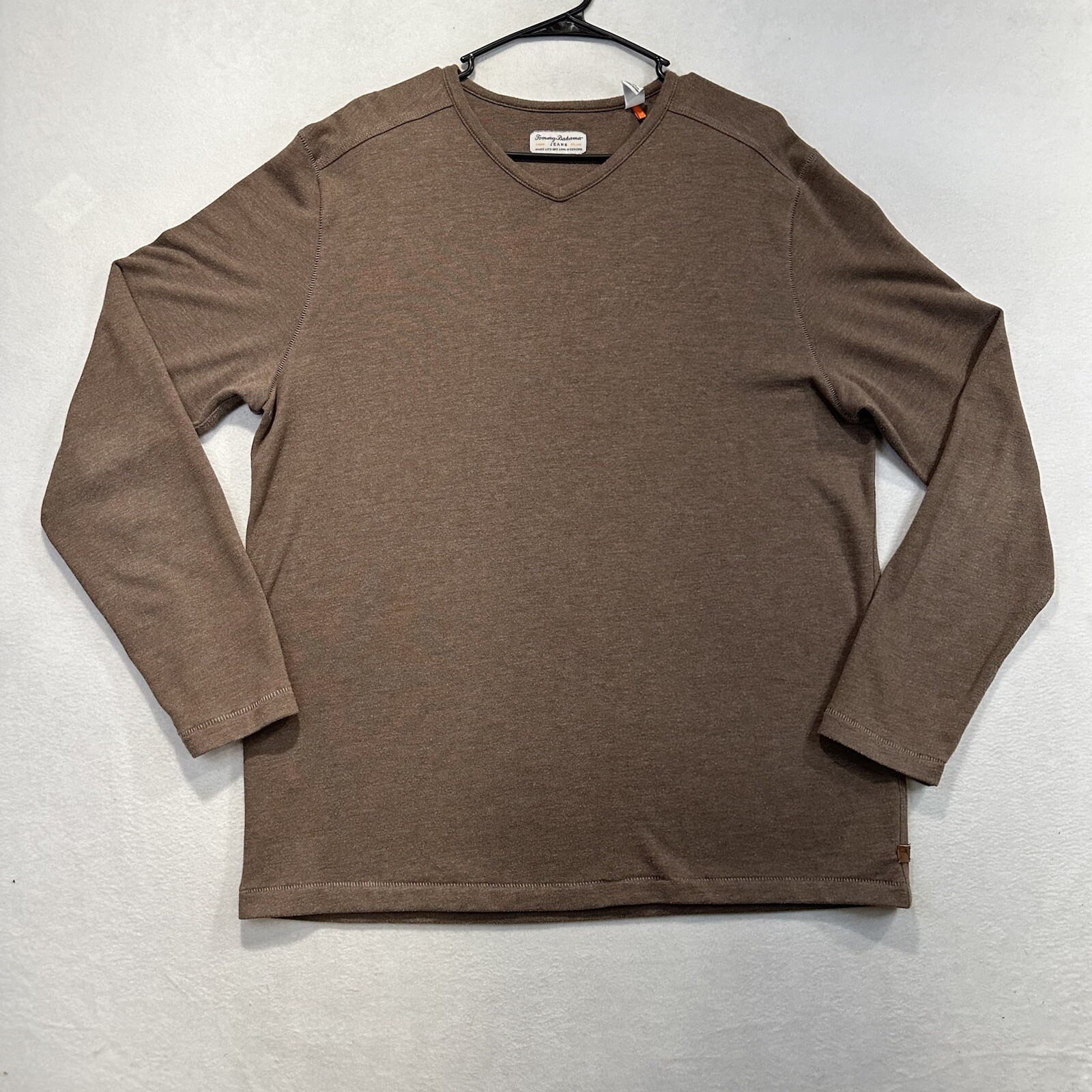 Tommy Bahama V Neck Shirt Medium Brown Long Sleeve Mens Poly Cotton Blend