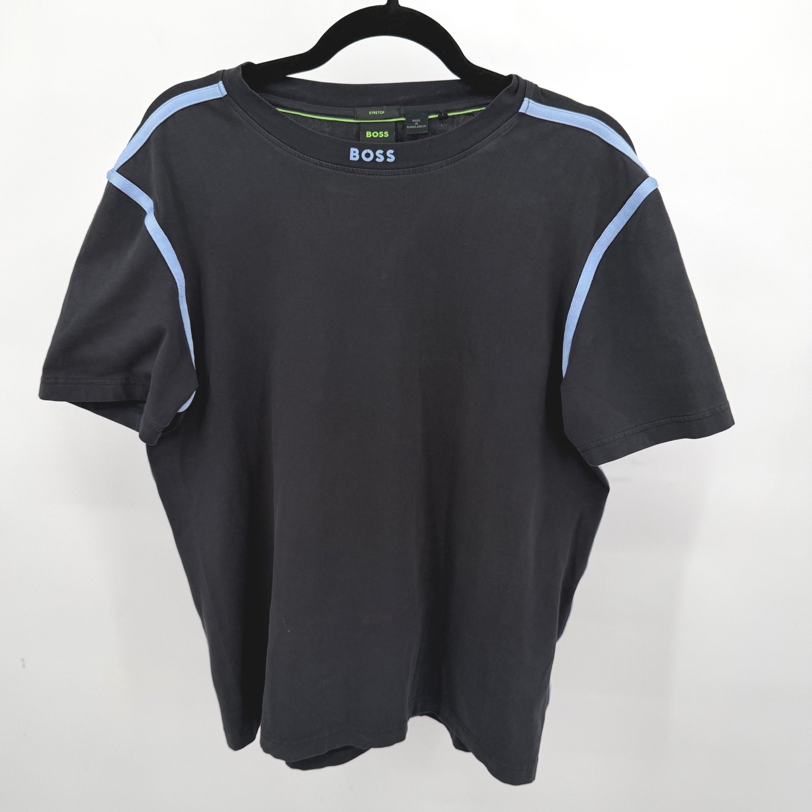 Hugo Boss Mens M T-Shirt Black Blue Contrast Piping Logo Collar Stretch