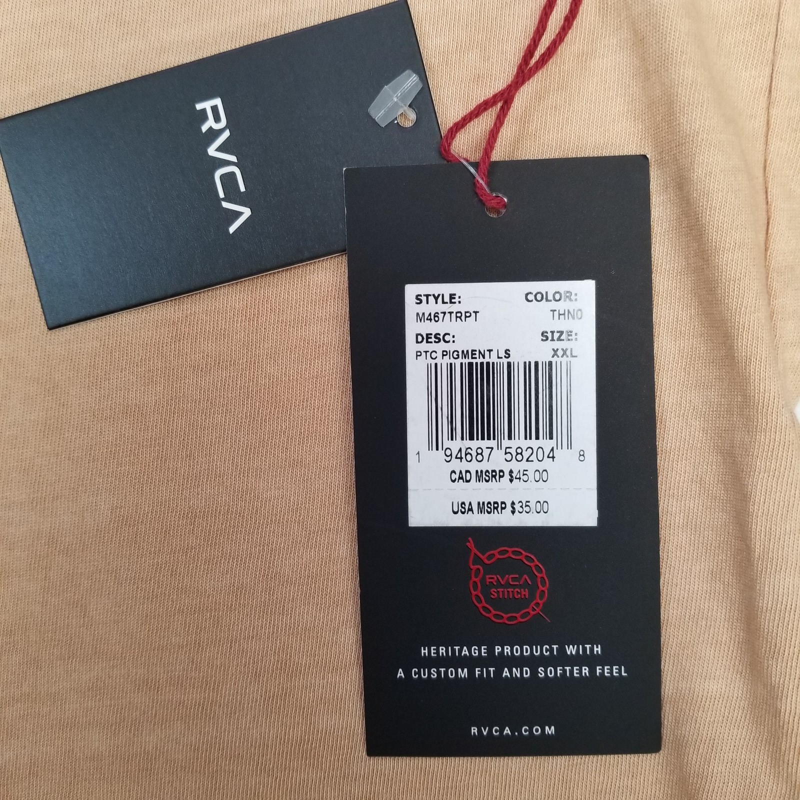 RVCA VA Tan Long Sleeve Chest Pocket Pigment Dye Pullover T-Shirt Men&rsquo;s Size XXL