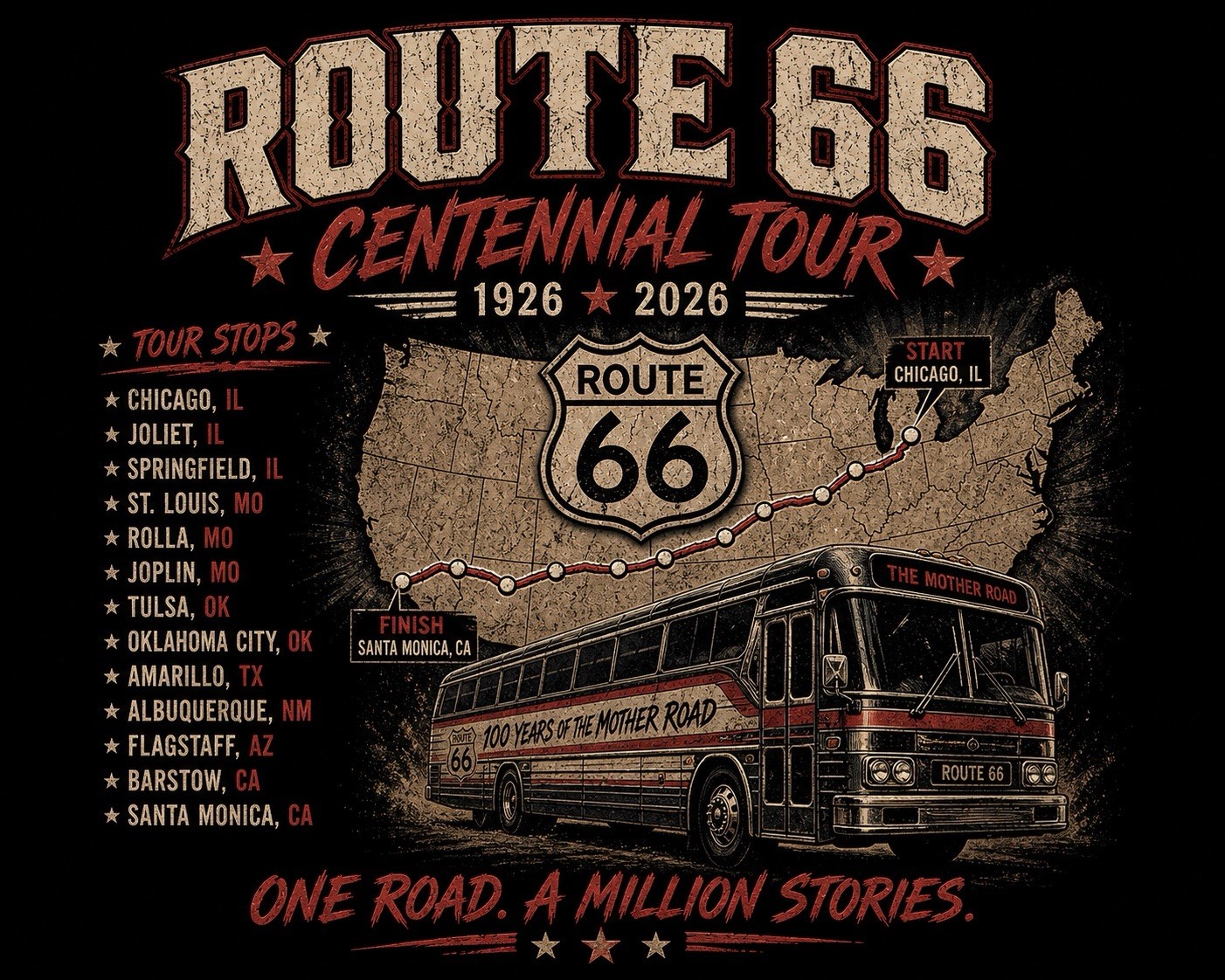 OFFICIAL Route 66 Centennial Tour Graphic T-Shirt Black L Unisex
