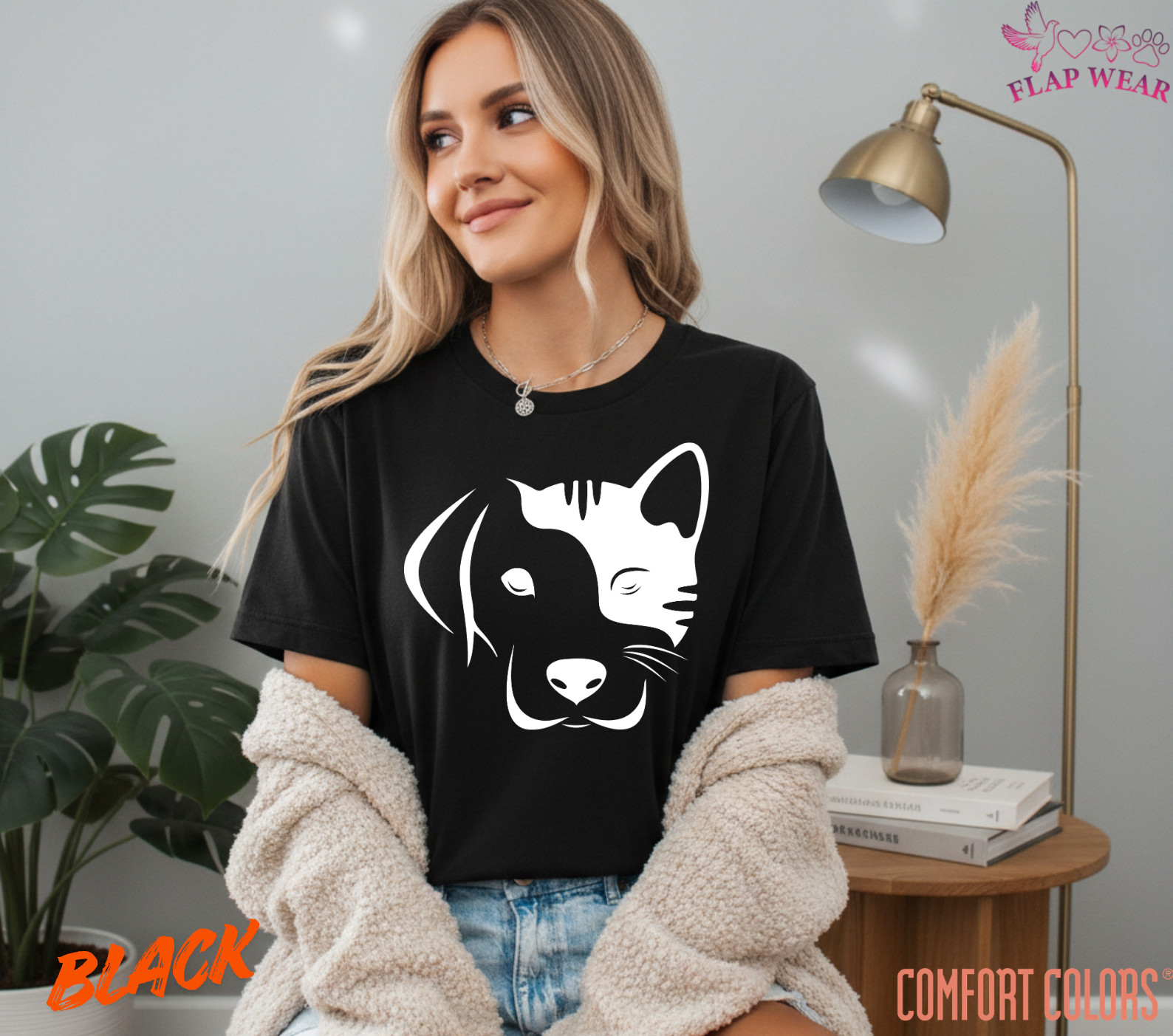 Dog and Cat Split Face T-Shirt – Minimalist Pet Lover Graphic Tee – Cute Dog Cat