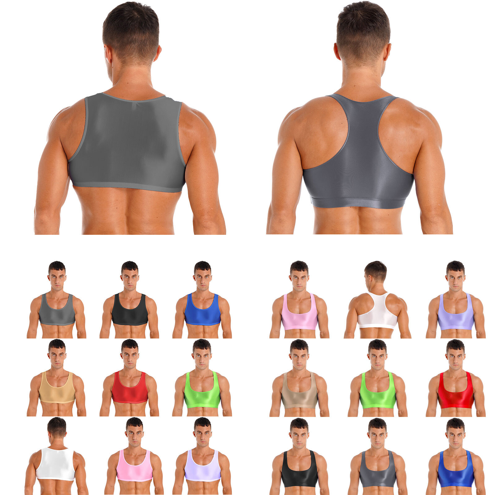 US Men Sports Bra Crop Tank Top Vest Shiny Glossy Y-Back Fitness Muscle Shirt