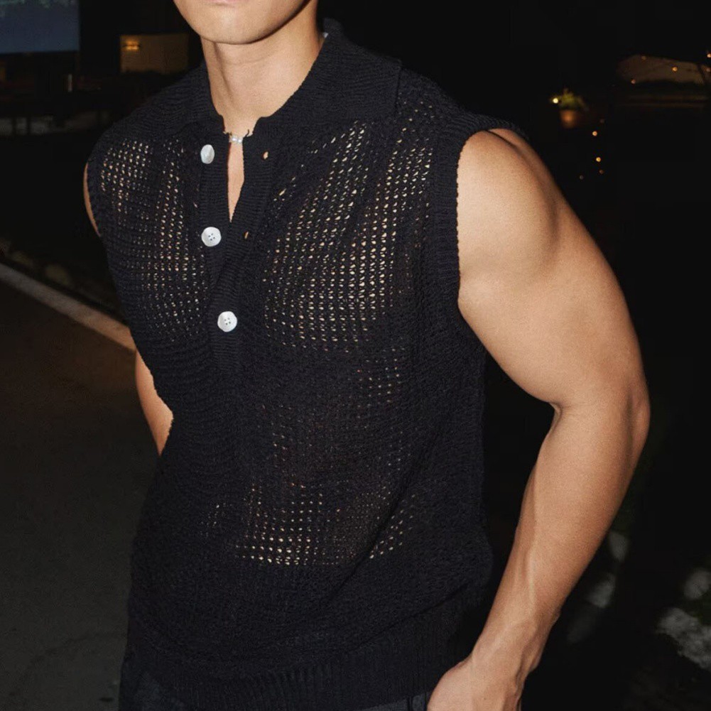 Mens Summer Top Gym Workout Men Knitted Tank Knitted Fabric Hollow Design