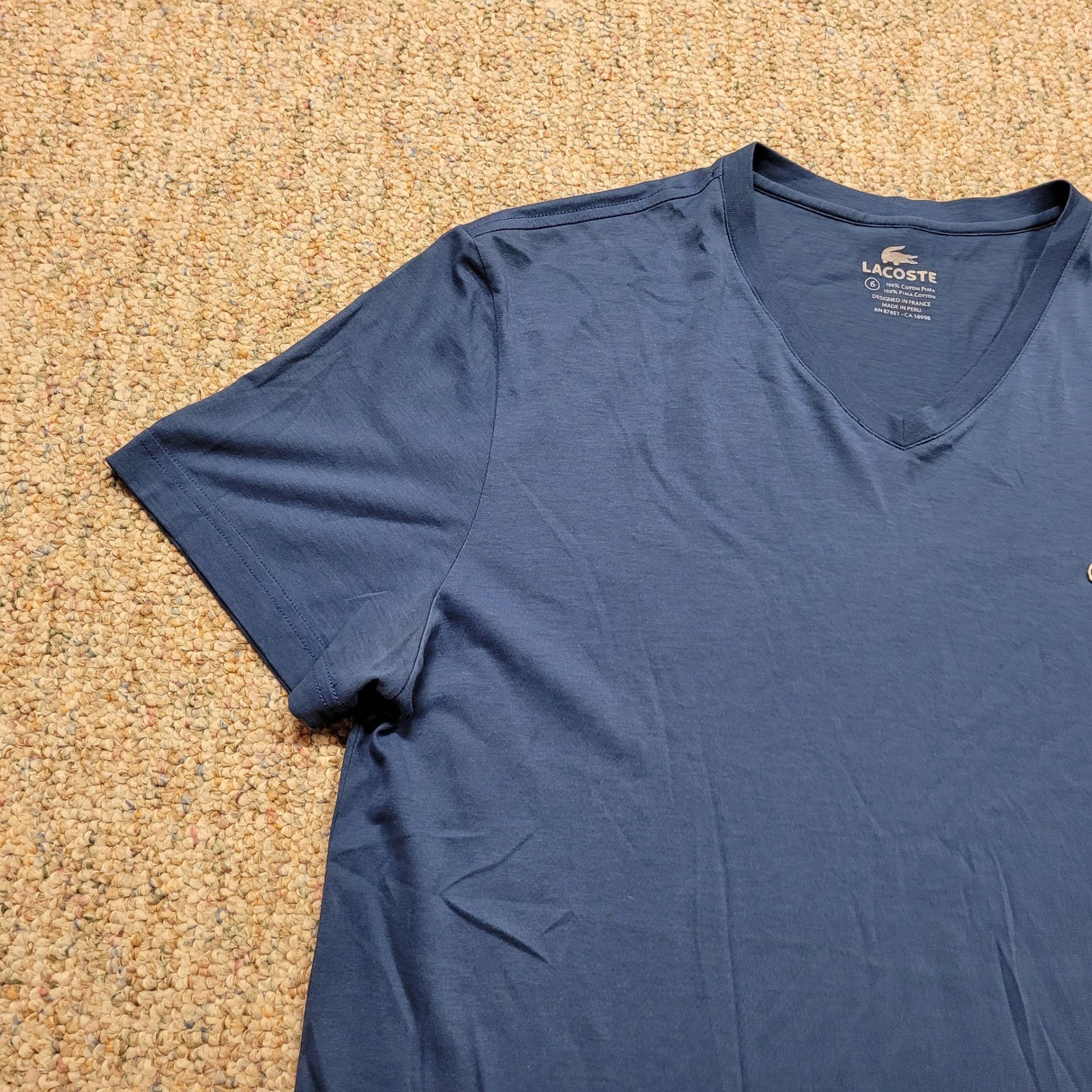 Lacoste T-Shirt Mens Size 6 Blue V-Neck Pima Cotton Short Sleeve Logo Tee
