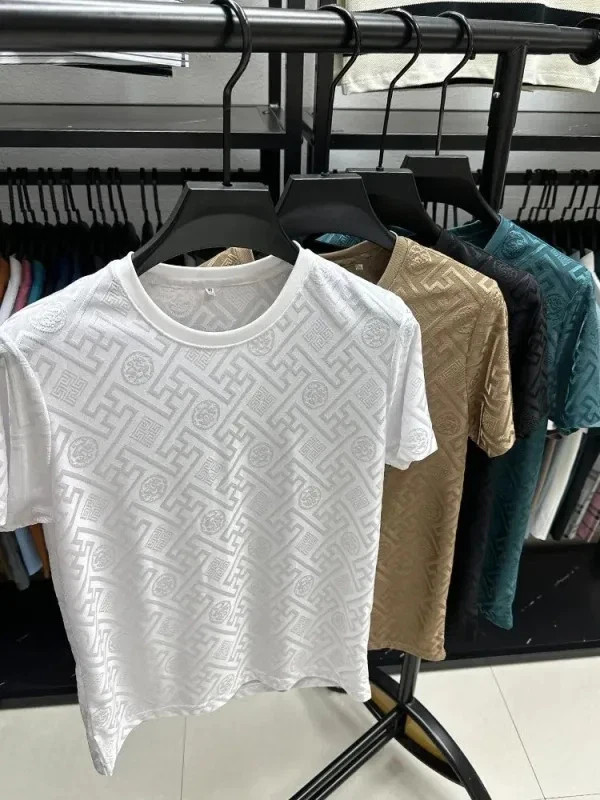 New Men’s Jacquard T-Shirt Casual Short Sleeve Round Neck Breathable Fashion TOP