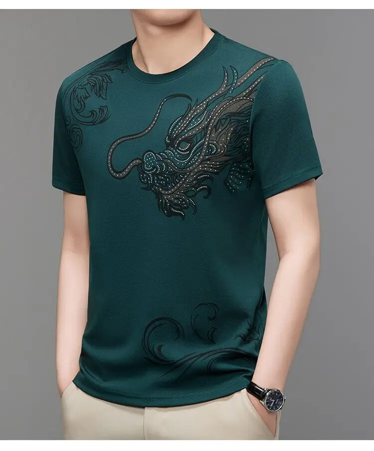 New Men Fashion Trend Dragon Rhinestones Hot Drill Short Sleeve Summer T-Shirt
