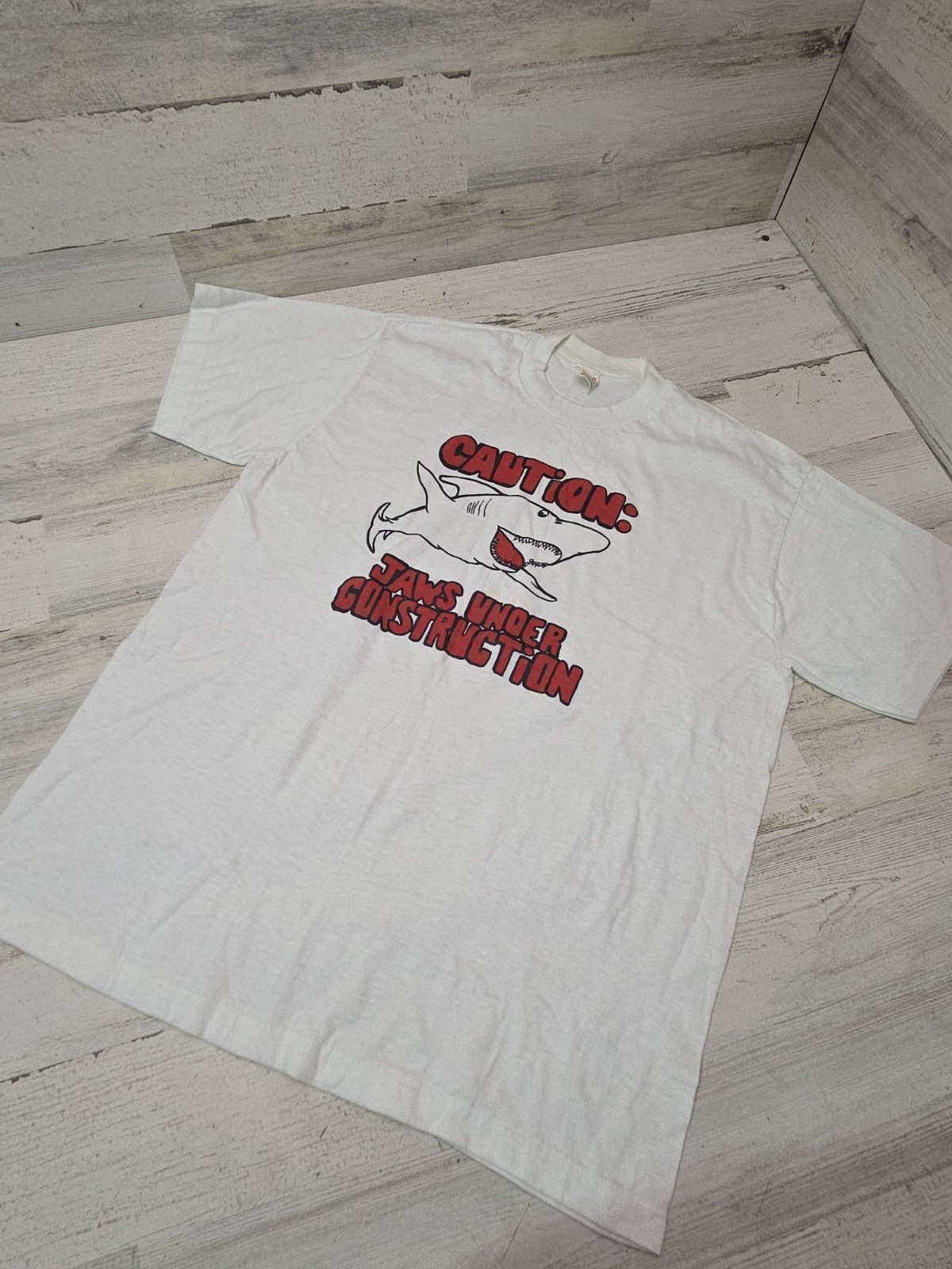80s Jaws Under Construction Caution T Shirt Single Stitch USA 1980s RARE