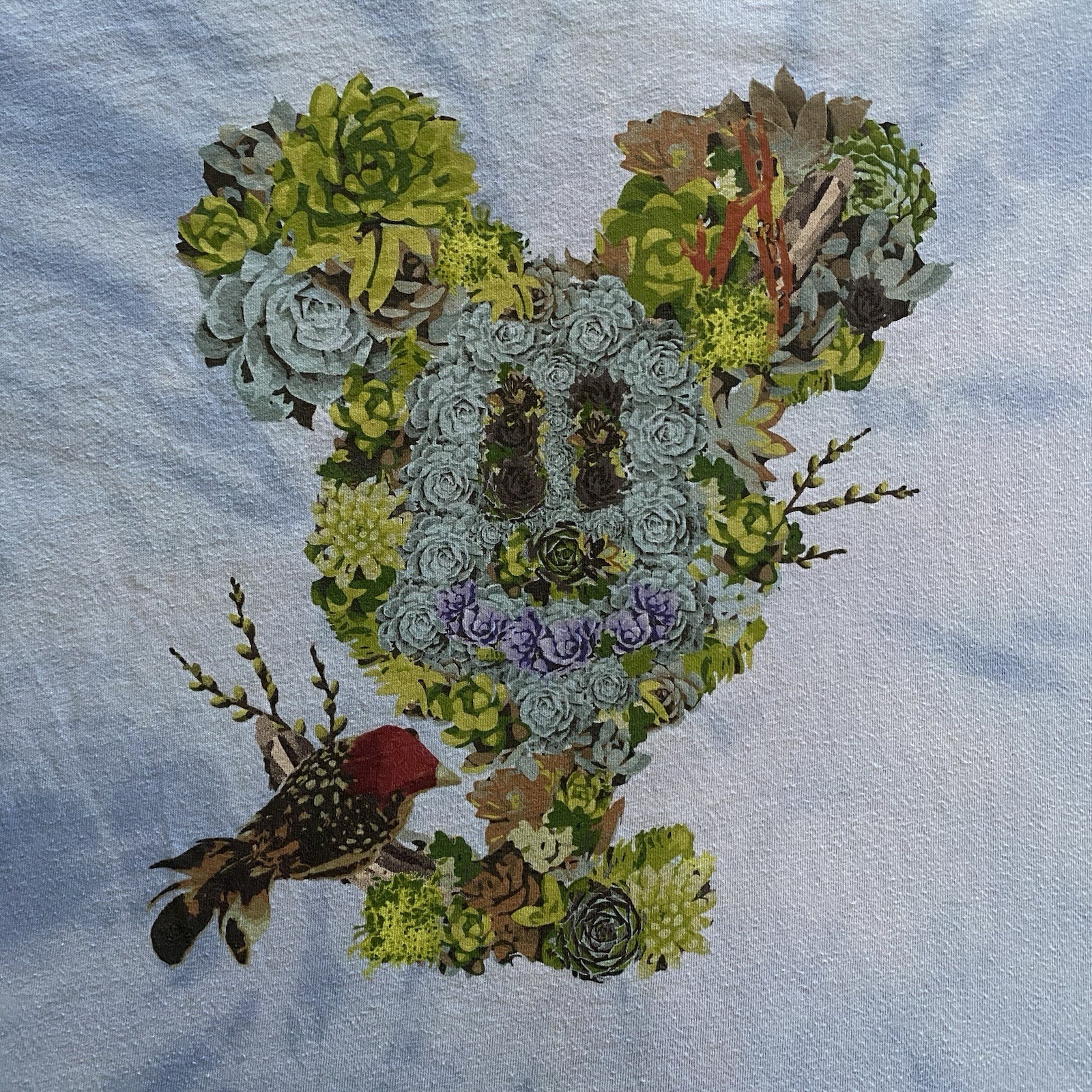Uniqlo Disney Mickey Mouse T Shirt Mens 3XL XXXL Blue Tie Dye Nature Bird Flower