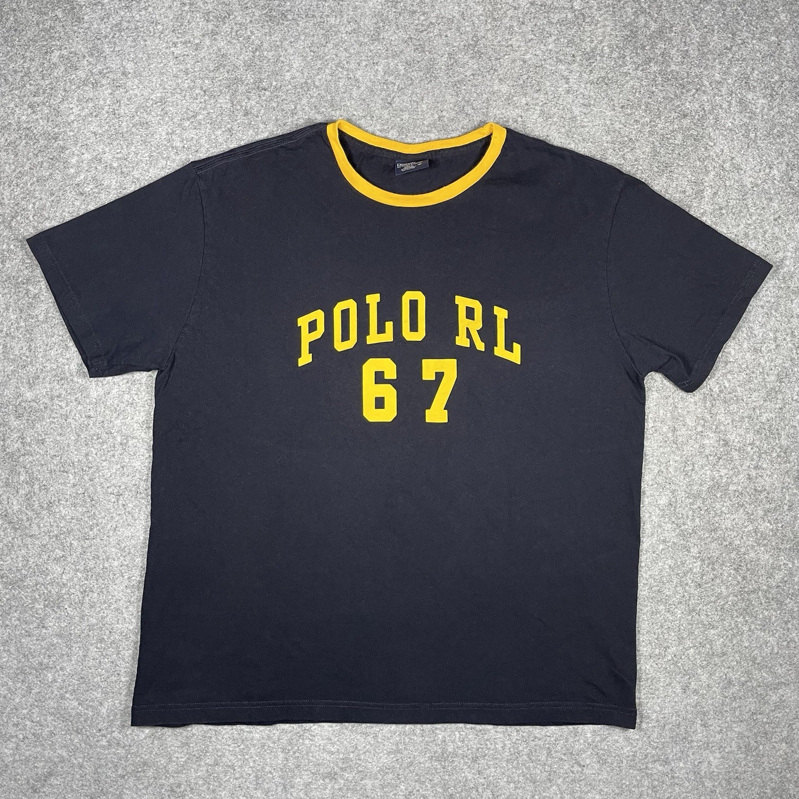 Polo Ralph Lauren Ringer T Shirt Mens M Vintage 90s RL 67 Spellout Navy Yellow