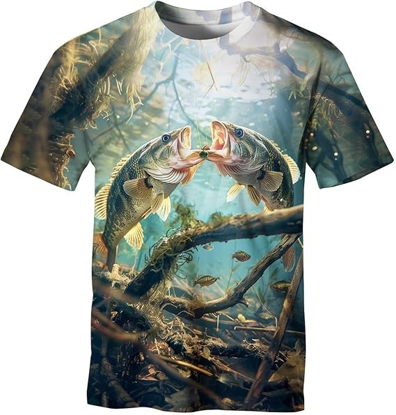3D Bass Fishing T-Shirt Two Fish Fighting Bait Graphic Tee Realistic Unisex