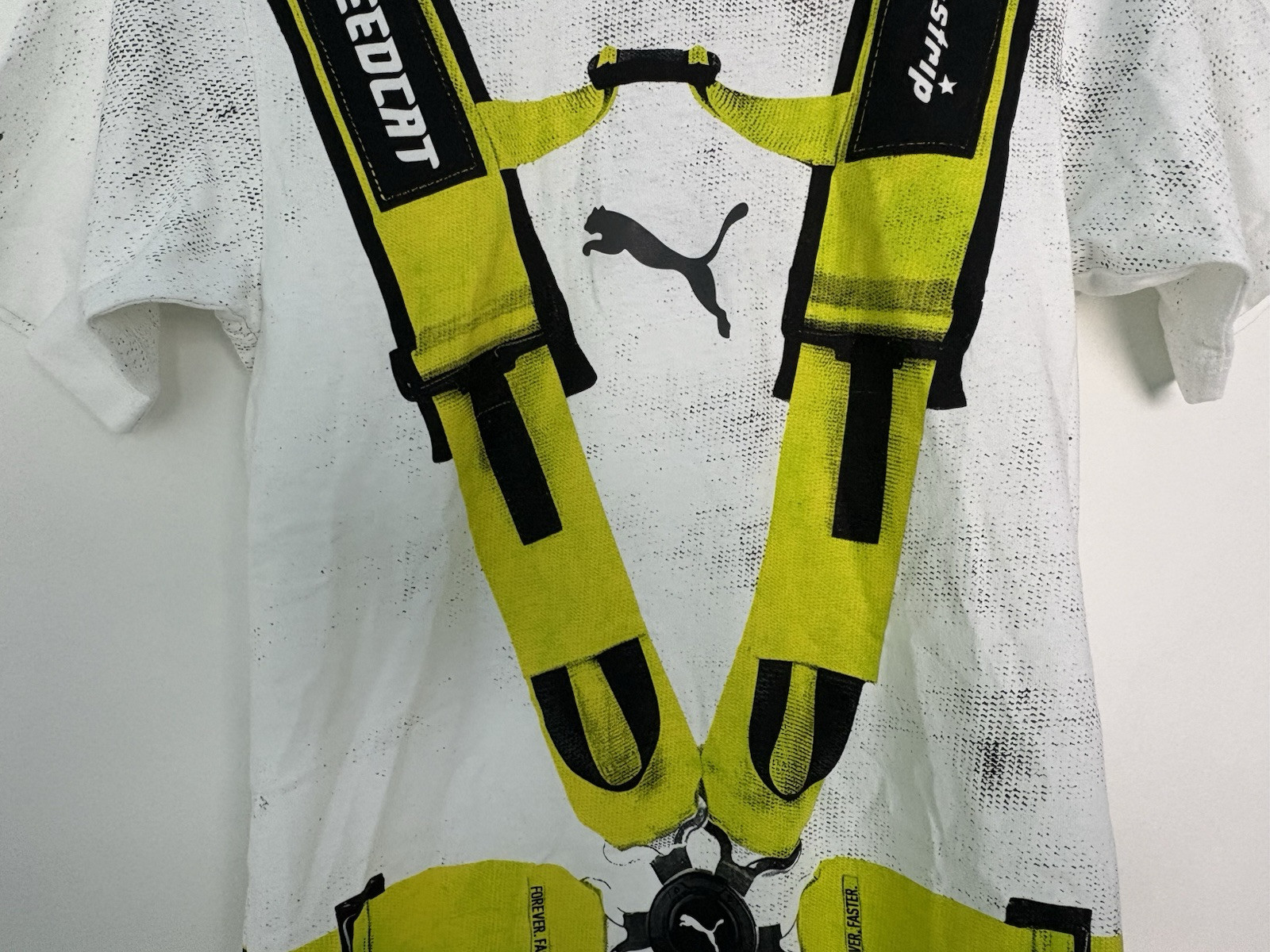 Puma A$Ap Rocky Distressed Seat Belt Graphic White Lime Green T Shirt SAMPLE XXS