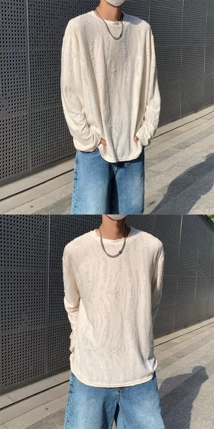 Men&rsquo;s Distressed Long Sleeve T-Shirt Harajuku Aesthetic Ripped Pullover Top
