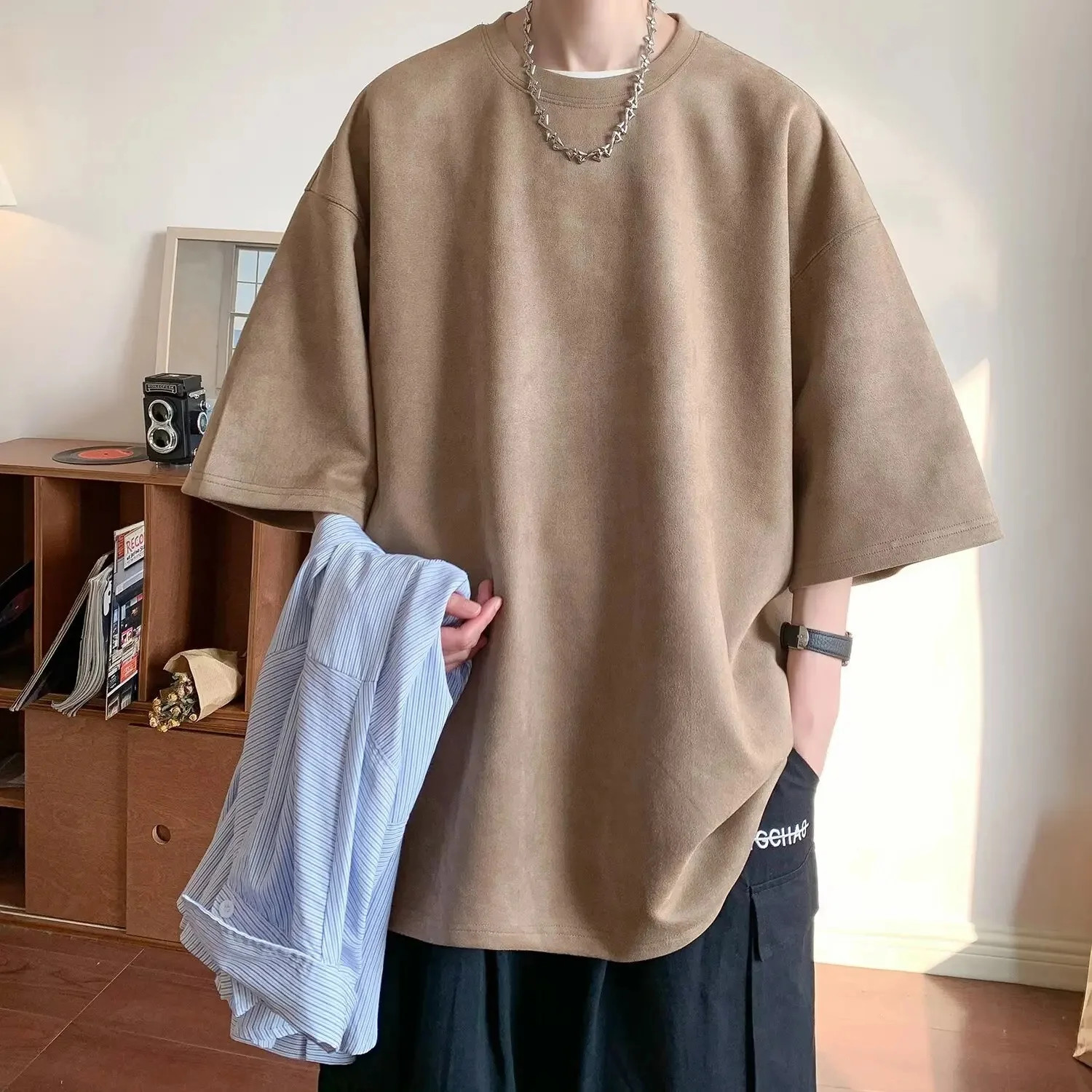 Heavyweight Suede Short Sleeve T-Shirt Men&rsquo;s Oversize Casual Loose Fit Five-Quar