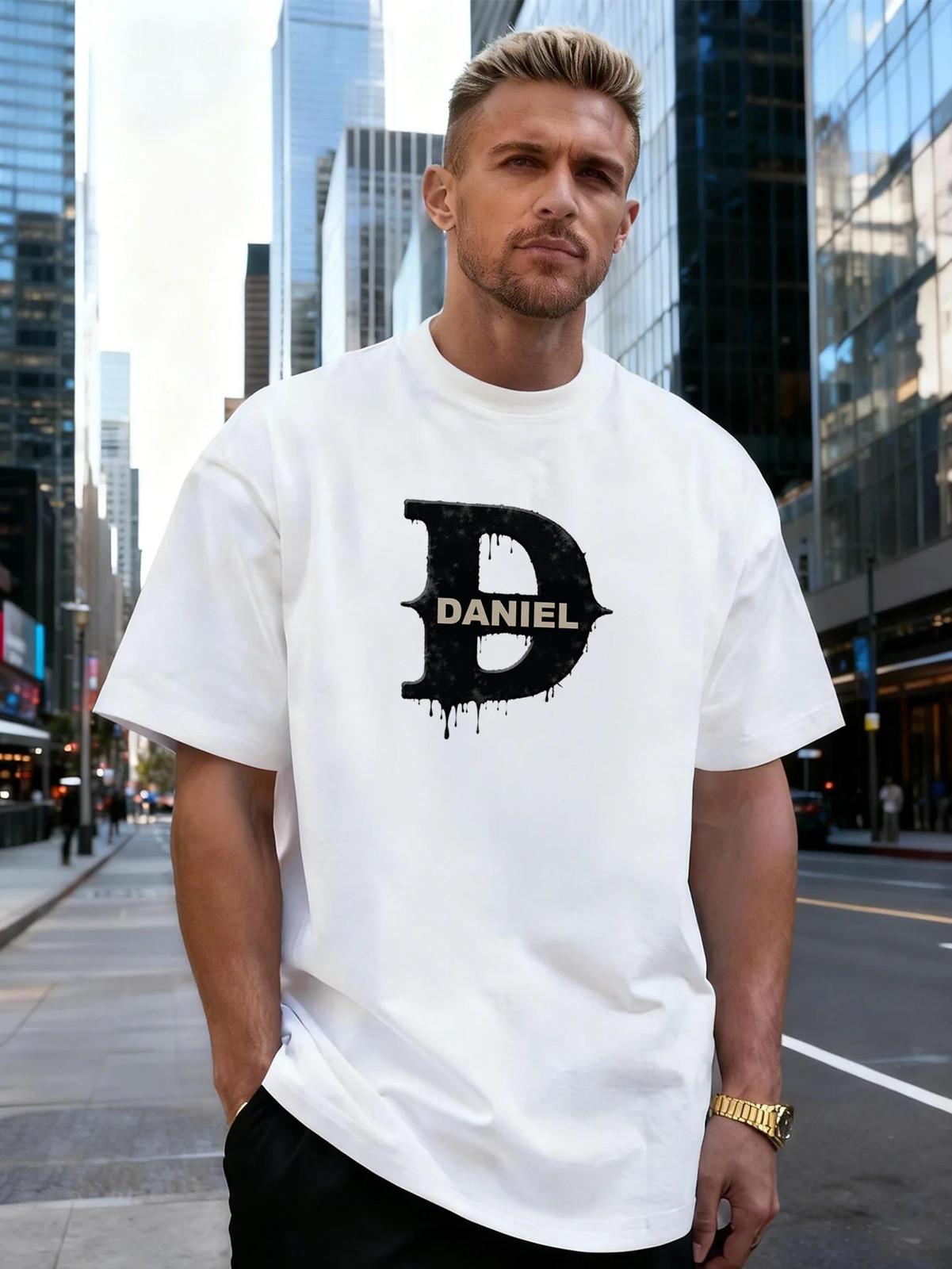 Letter D Dripping Alphabet Graphic Cotton Men&rsquo;s T-Shirt, for Daily Streetwear