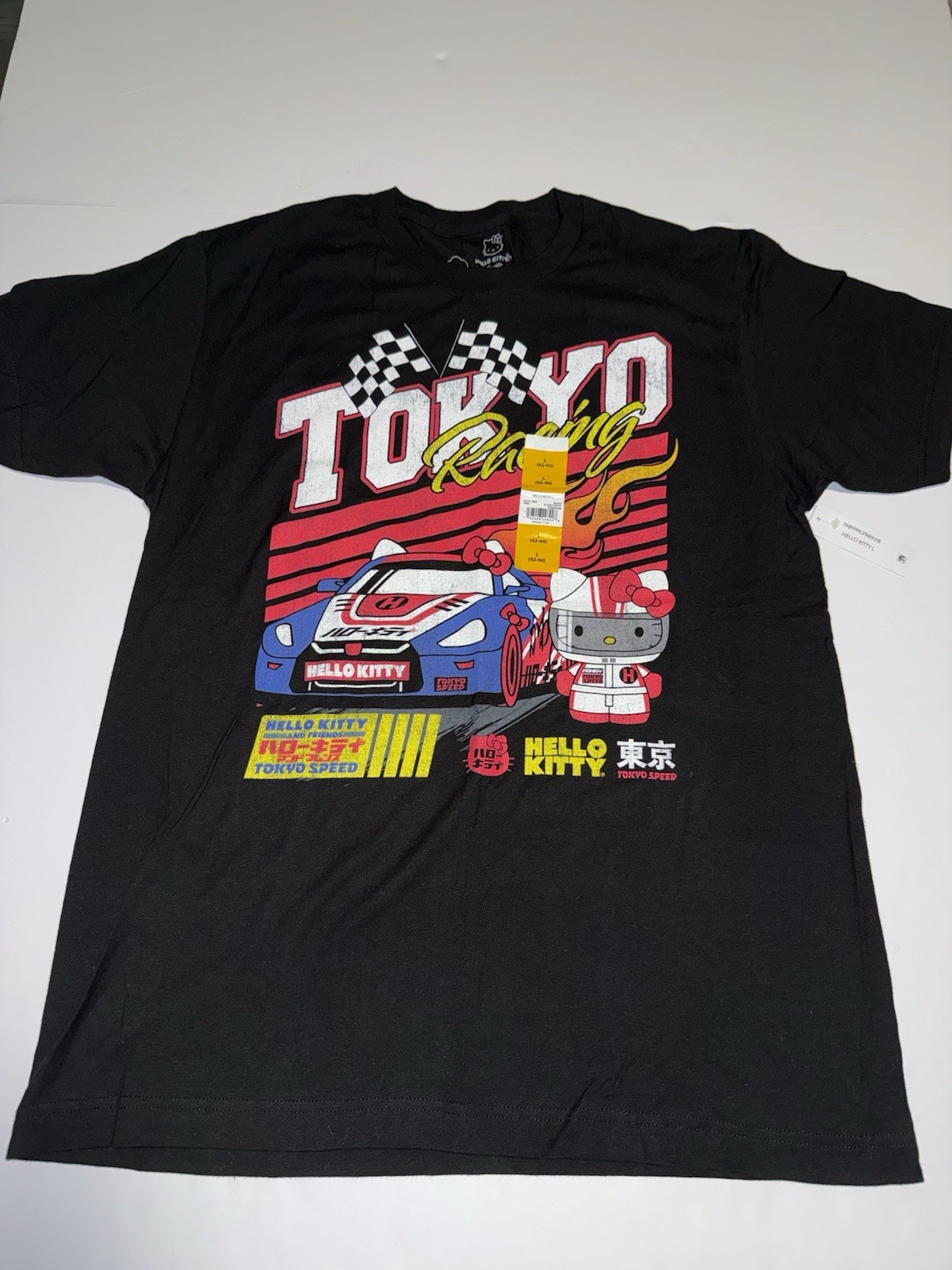 Hello Kitty Men T-Shirt Large Tokyo Japan Racing Sanrio Cartoon Cotton Black NWT