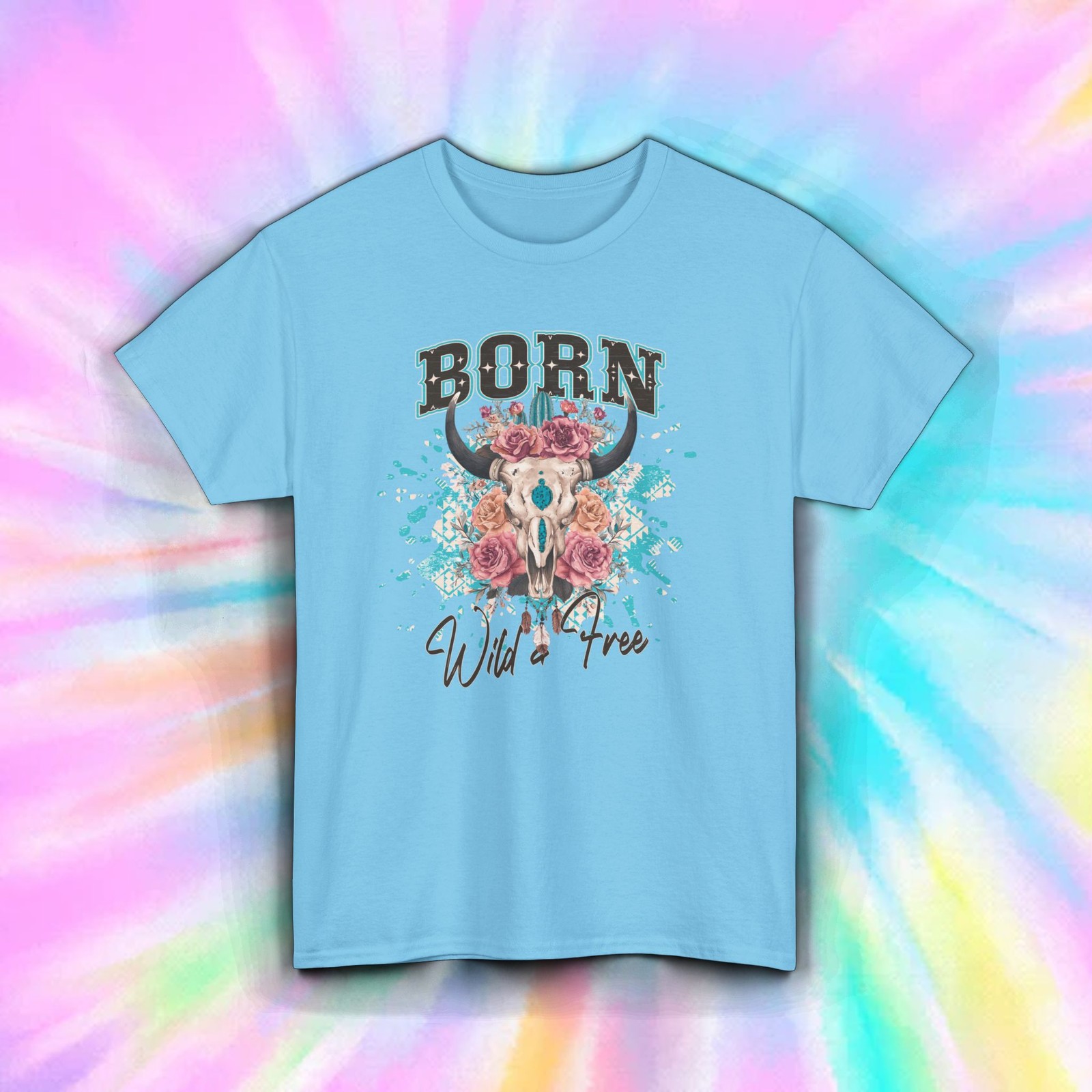 Born Wild and Free Shirt Bull Skull Floral Western Country Cowgirl Tee S-5XL