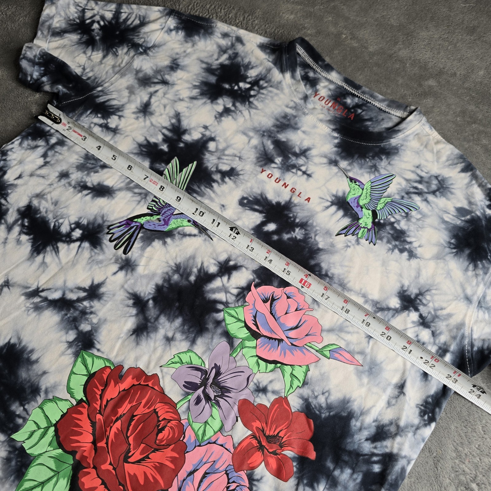 Youngla Shirt Mens Large Black White Tie-Dye Floral Hummingbird Short Sleeve