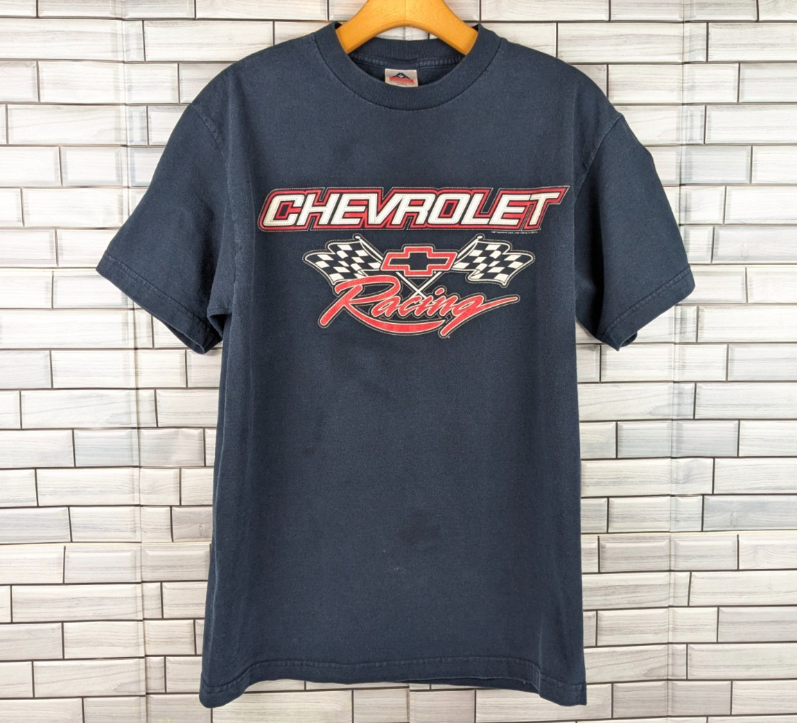 Vtg Chevrolet Racing T-Shirt Mens M Navy Blue Checkered Flags Bow Tie Y2K